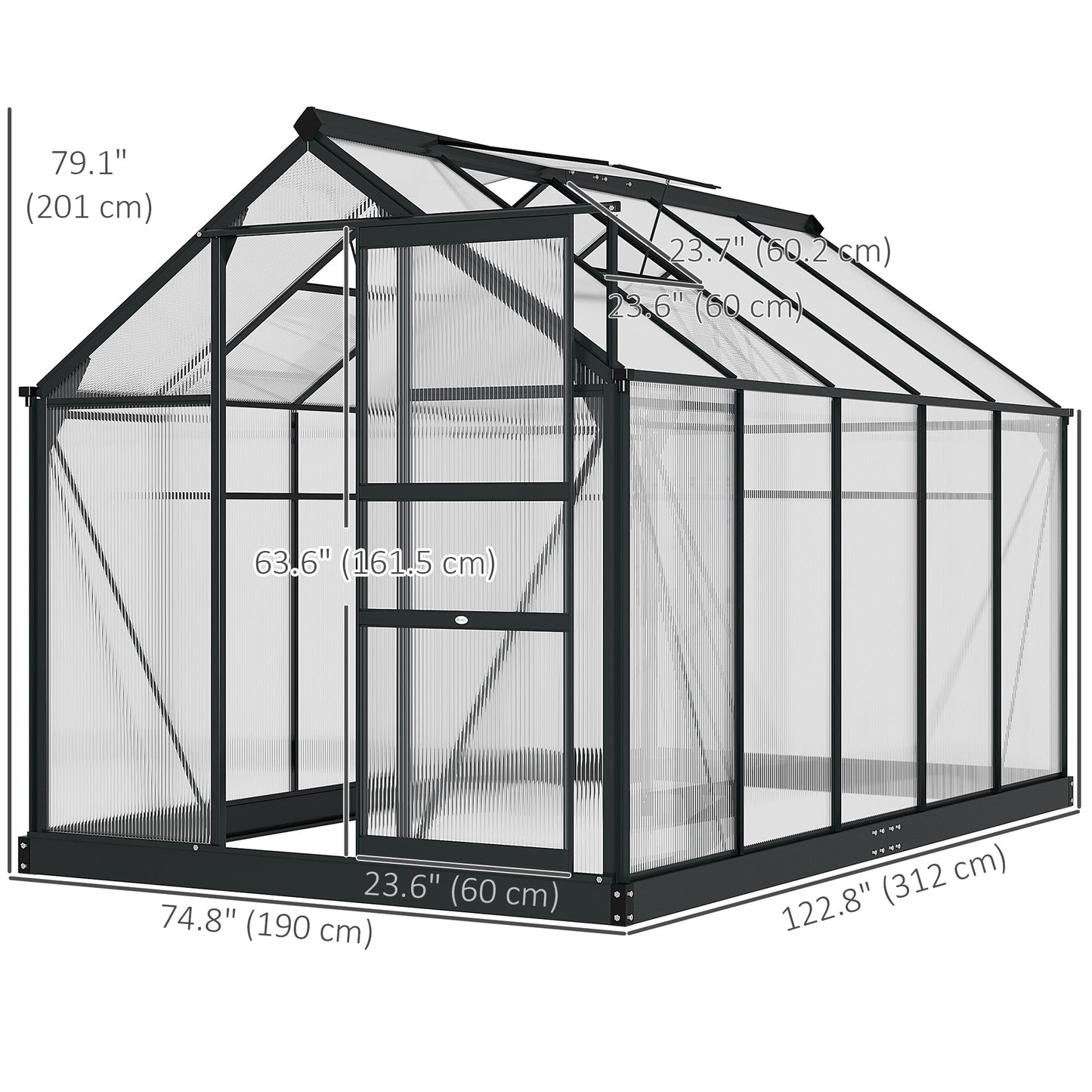 6' x 10' x 6.6' Polycarbonate Greenhouse, Walk-In Green House Kit Garden, Plants Grow, Galvanized Sheet Aluminum Frame with Rain Gutter, Vents and Sliding Door, Grey