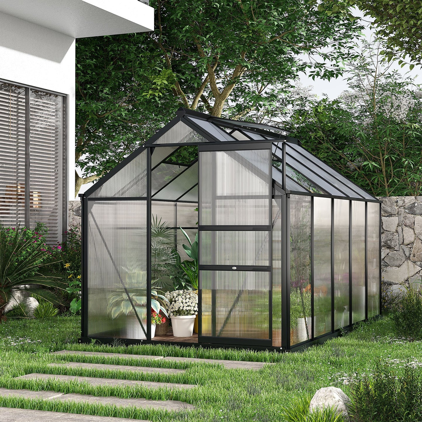 6' x 10' x 6.6' Polycarbonate Greenhouse, Walk-In Green House Kit Garden, Plants Grow, Galvanized Sheet Aluminum Frame with Rain Gutter, Vents and Sliding Door, Grey