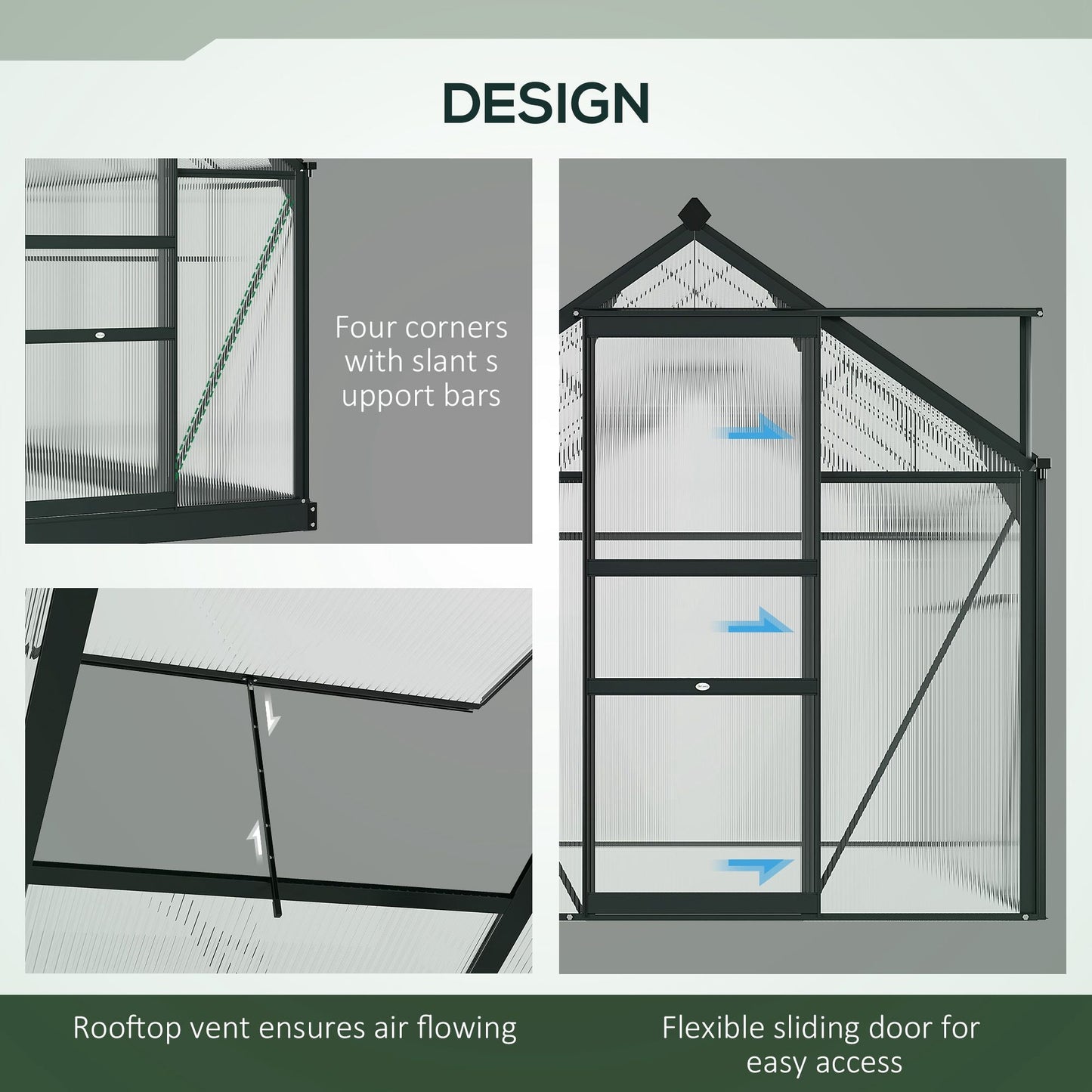 6' x 10' x 6.6' Polycarbonate Greenhouse, Walk-In Green House Kit Garden, Plants Grow, Galvanized Sheet Aluminum Frame with Rain Gutter, Vents and Sliding Door, Grey