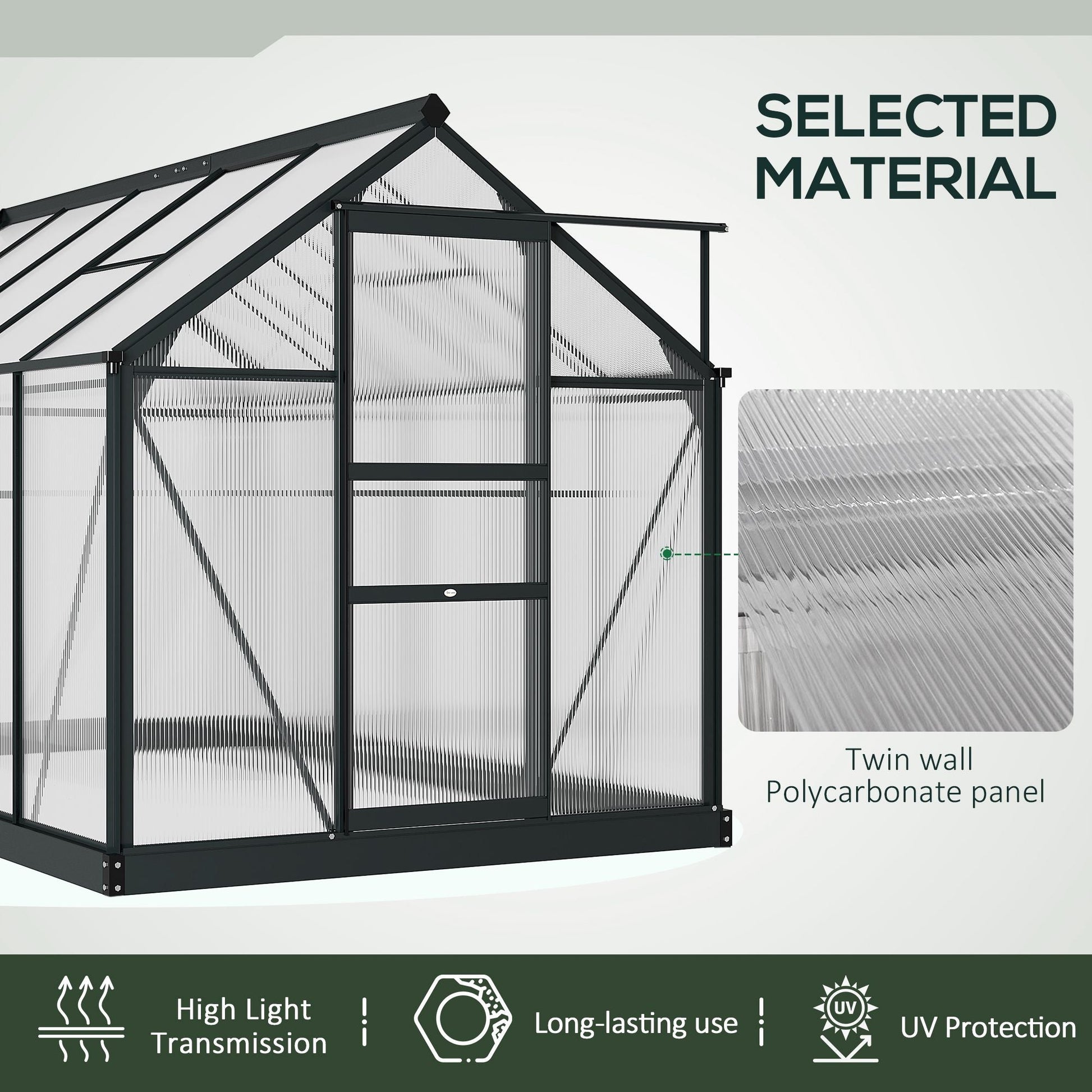 6' x 10' x 6.6' Polycarbonate Greenhouse, Walk-In Green House Kit Garden, Plants Grow, Galvanized Sheet Aluminum Frame with Rain Gutter, Vents and Sliding Door, Grey