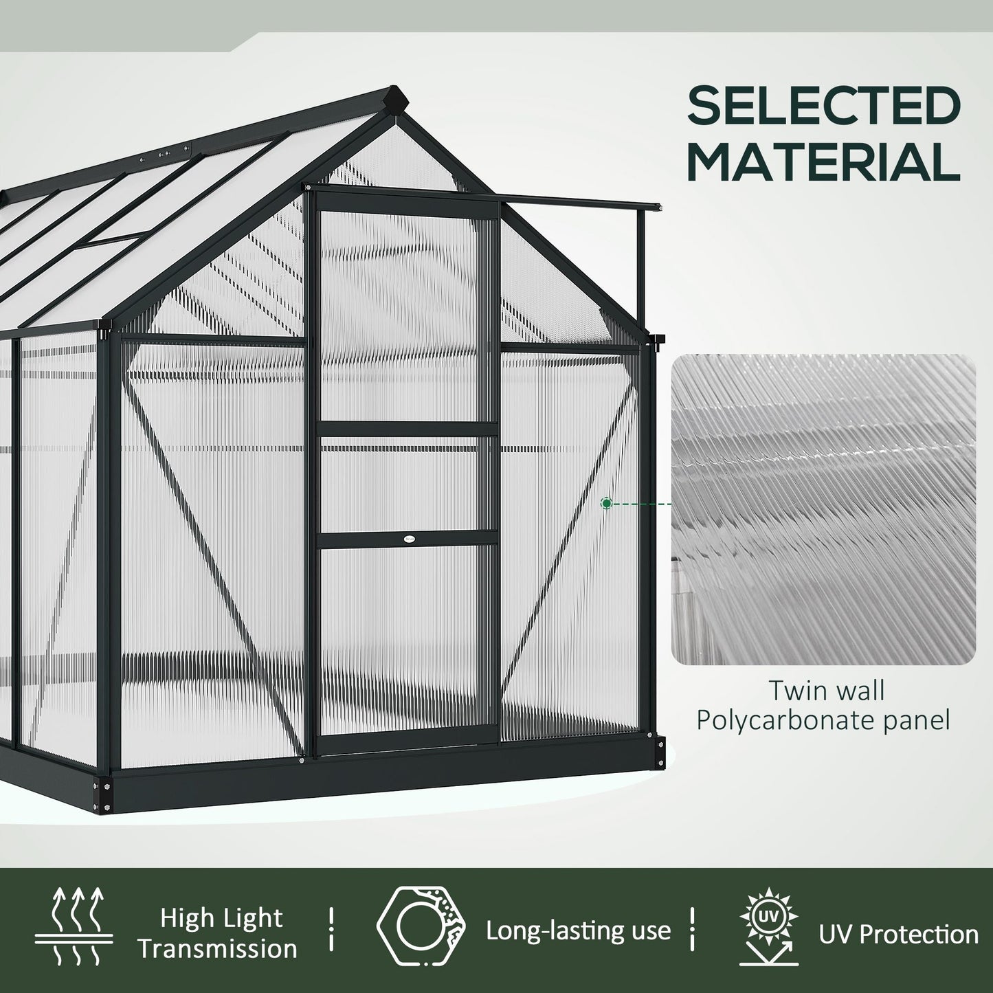 6' x 10' x 6.6' Polycarbonate Greenhouse, Walk-In Green House Kit Garden, Plants Grow, Galvanized Sheet Aluminum Frame with Rain Gutter, Vents and Sliding Door, Grey