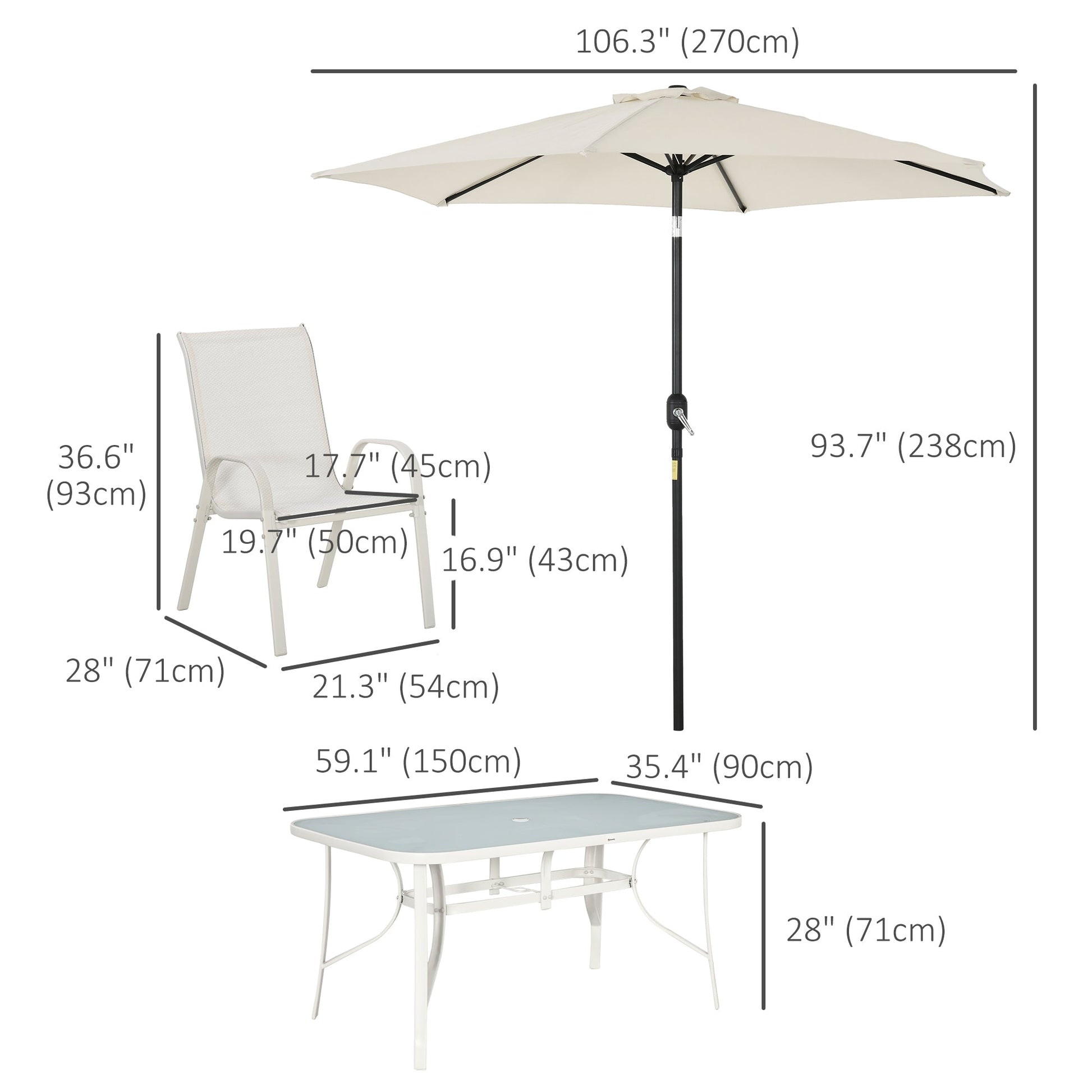 8 Pieces Patio Dining Set with Umbrella, Aluminum Frame Outdoor Patio Furniture Set with 6 Sling Chairs and Glass Top Rectangle Dining Table, Cream White