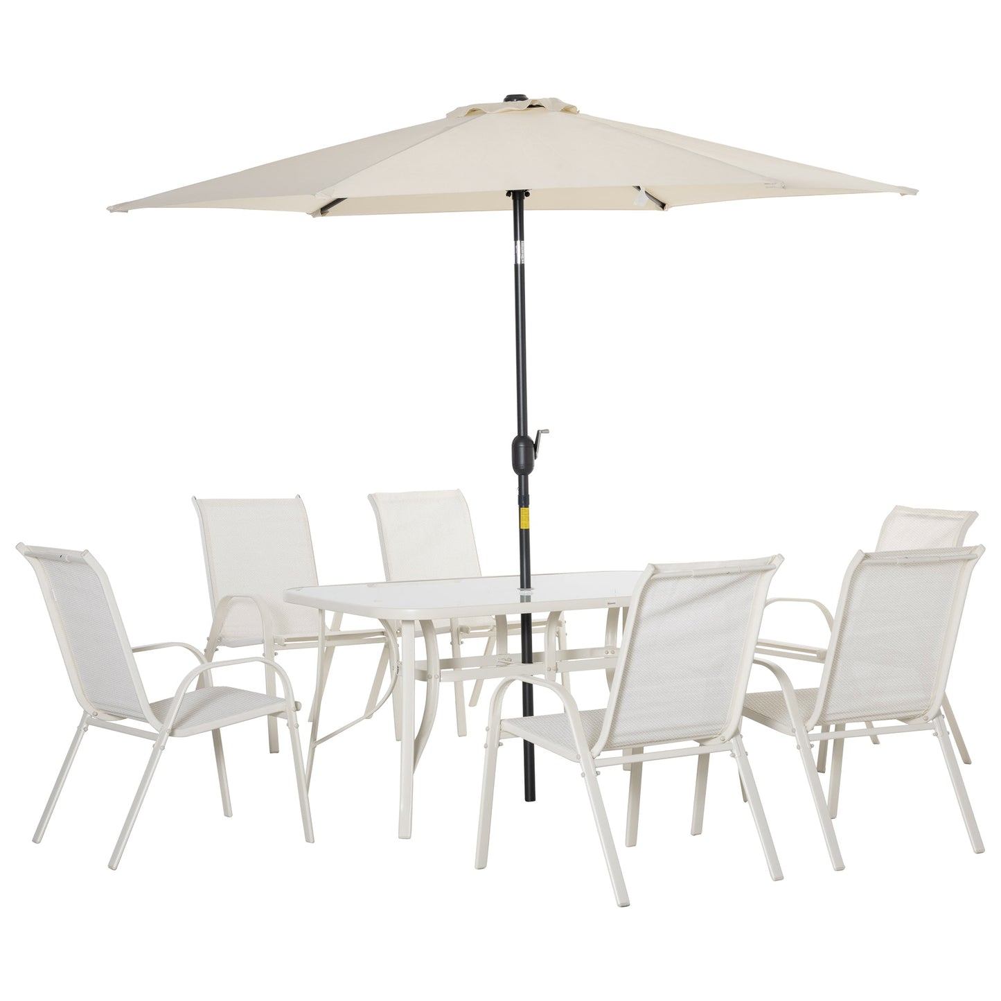 8 Pieces Patio Dining Set with Umbrella, Aluminum Frame Outdoor Patio Furniture Set with 6 Sling Chairs and Glass Top Rectangle Dining Table, Cream White