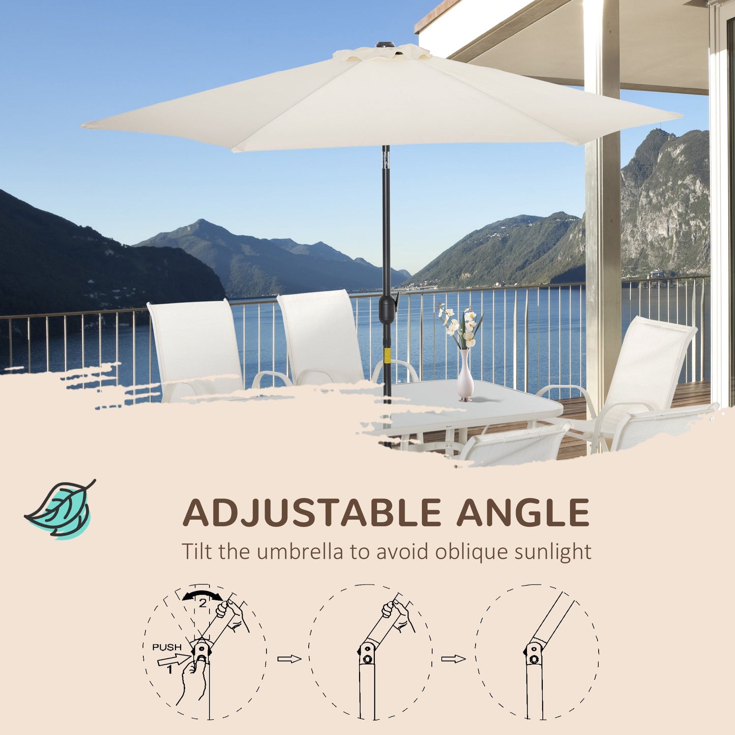 8 Pieces Patio Dining Set with Umbrella, Aluminum Frame Outdoor Patio Furniture Set with 6 Sling Chairs and Glass Top Rectangle Dining Table, Cream White