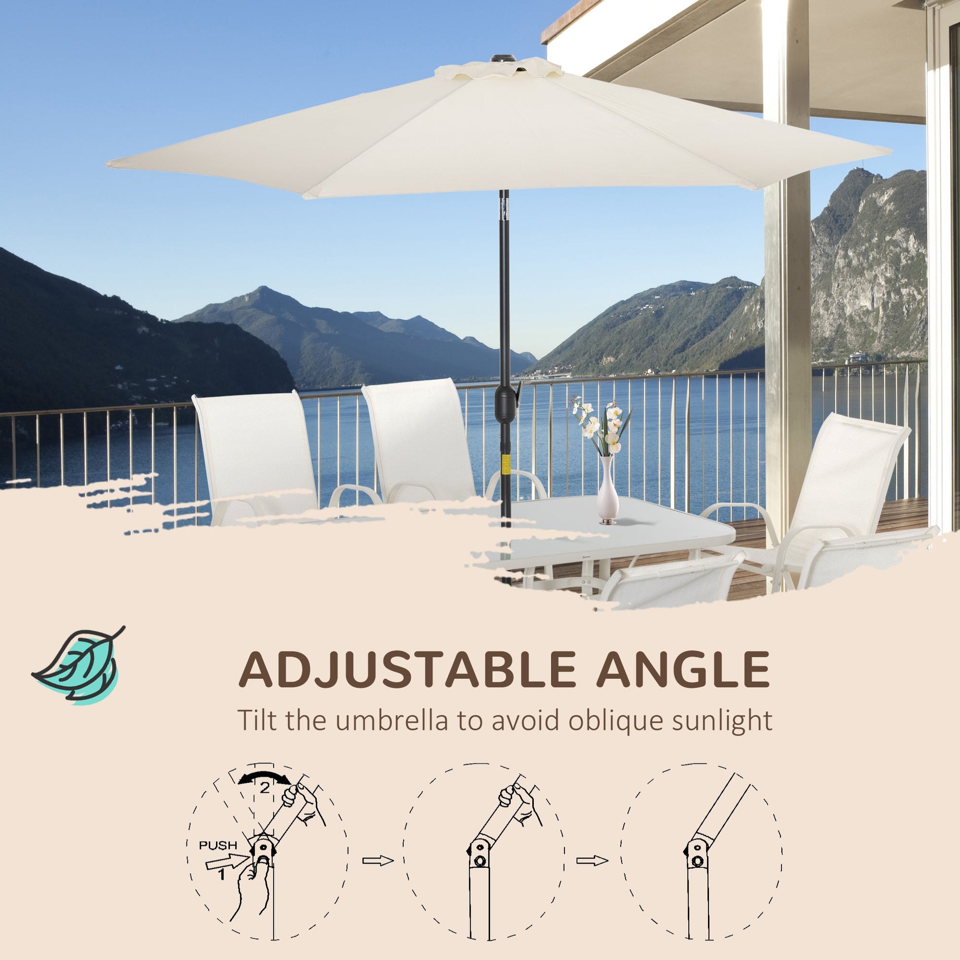 8 Pieces Patio Dining Set with Umbrella, Aluminum Frame Outdoor Patio Furniture Set with 6 Sling Chairs and Glass Top Rectangle Dining Table, Cream White