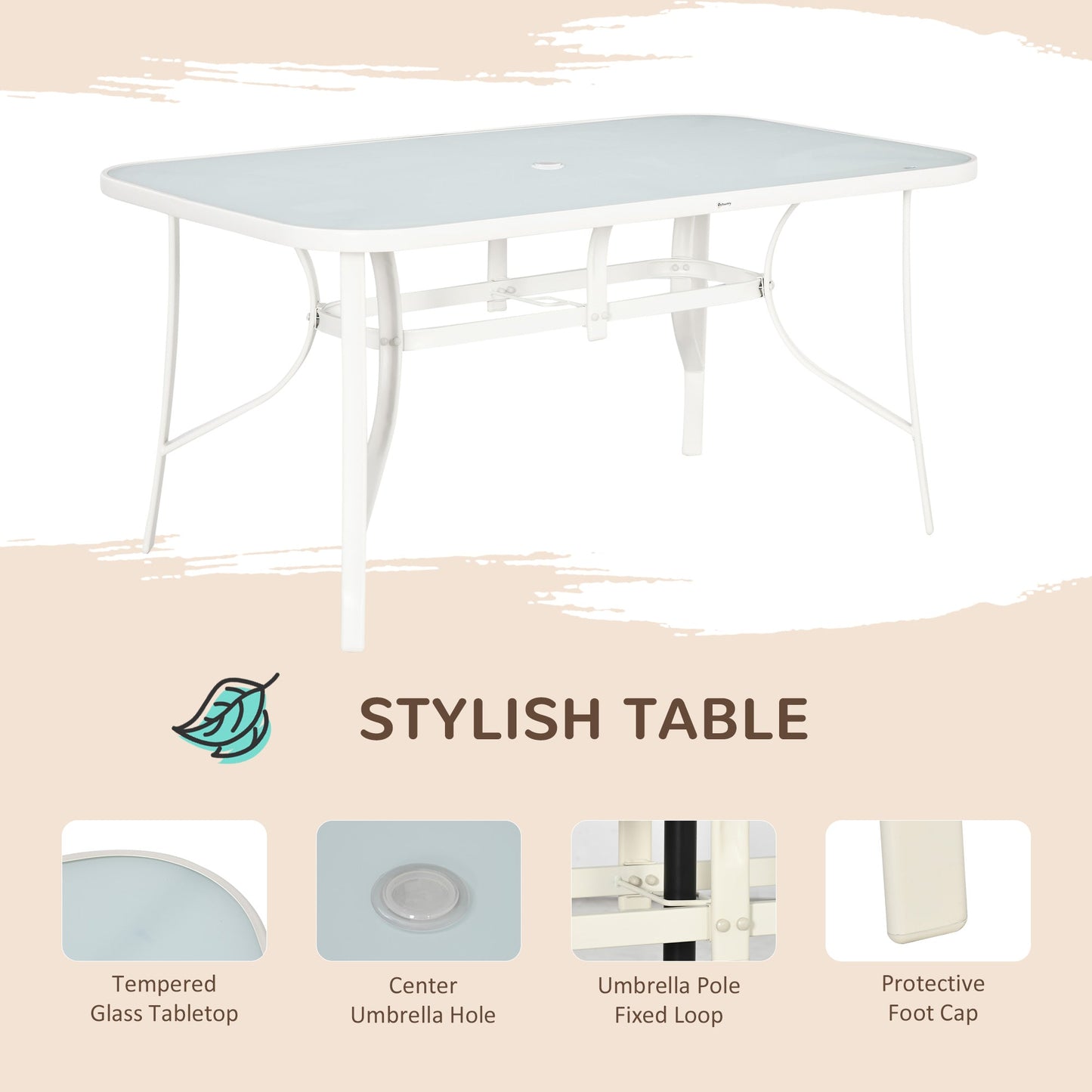 8 Pieces Patio Dining Set with Umbrella, Aluminum Frame Outdoor Patio Furniture Set with 6 Sling Chairs and Glass Top Rectangle Dining Table, Cream White