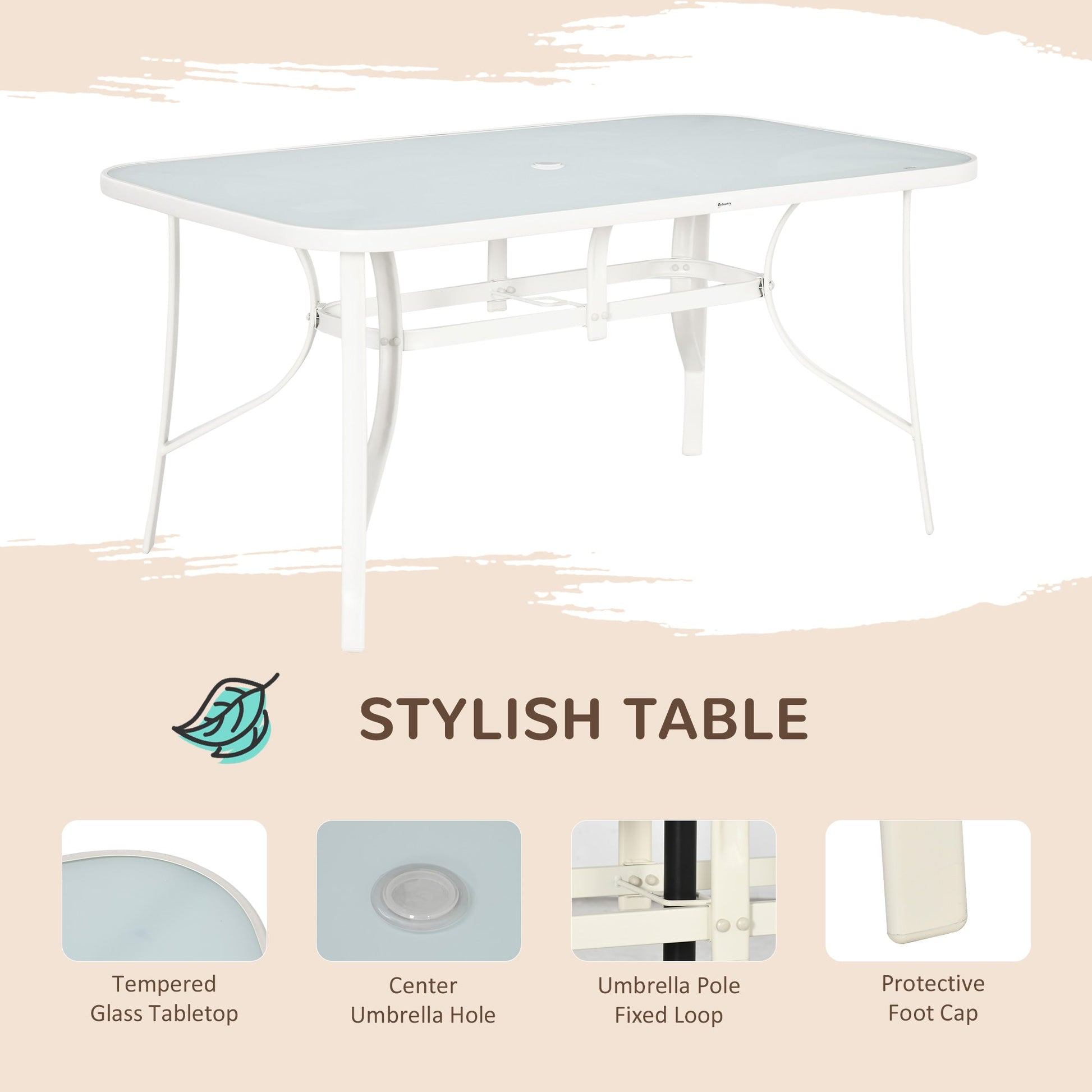 8 Pieces Patio Dining Set with Umbrella, Aluminum Frame Outdoor Patio Furniture Set with 6 Sling Chairs and Glass Top Rectangle Dining Table, Cream White