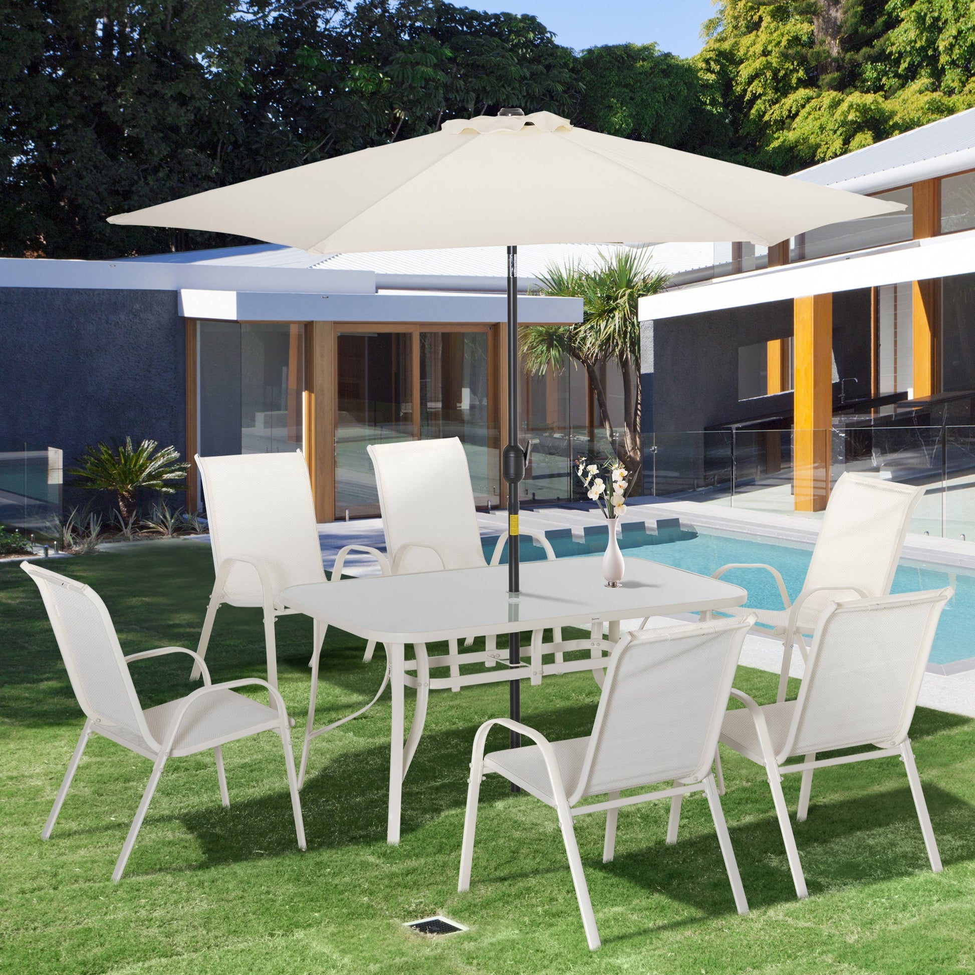 8 Pieces Patio Dining Set with Umbrella, Aluminum Frame Outdoor Patio Furniture Set with 6 Sling Chairs and Glass Top Rectangle Dining Table, Cream White