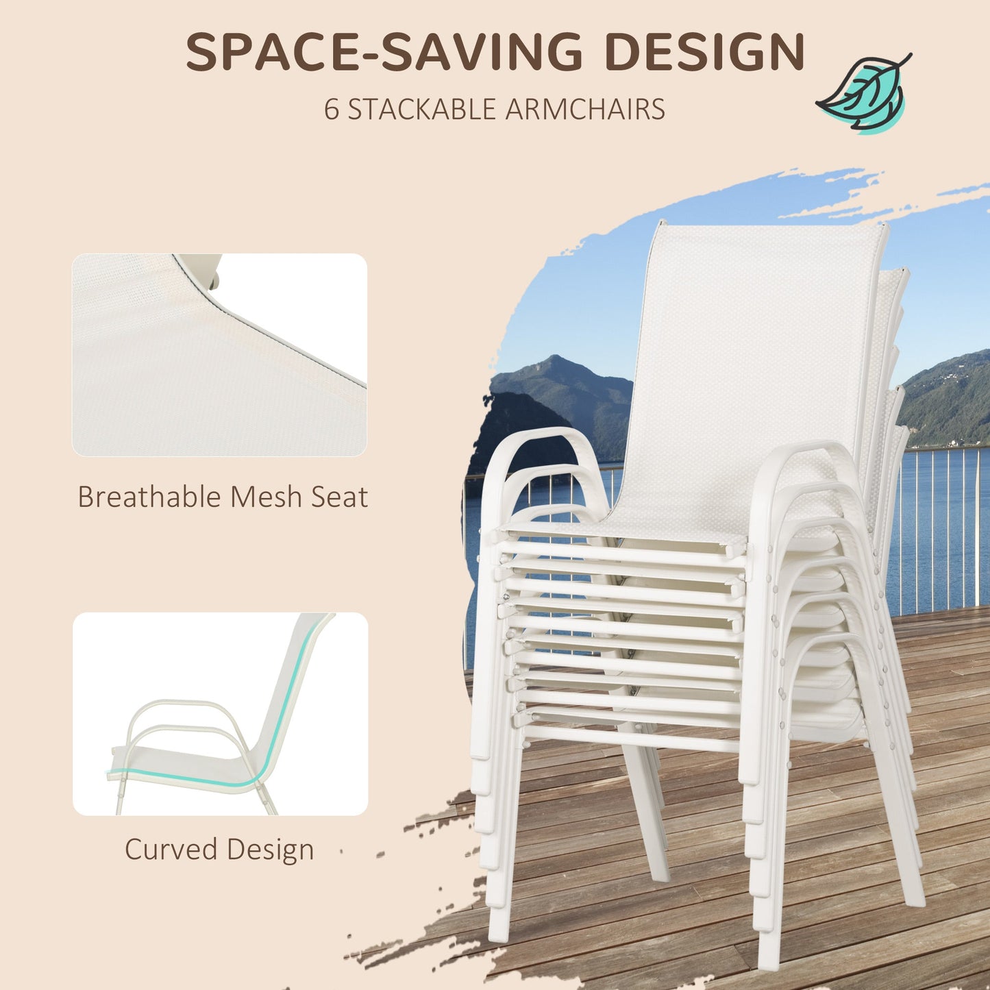 8 Pieces Patio Dining Set with Umbrella, Aluminum Frame Outdoor Patio Furniture Set with 6 Sling Chairs and Glass Top Rectangle Dining Table, Cream White
