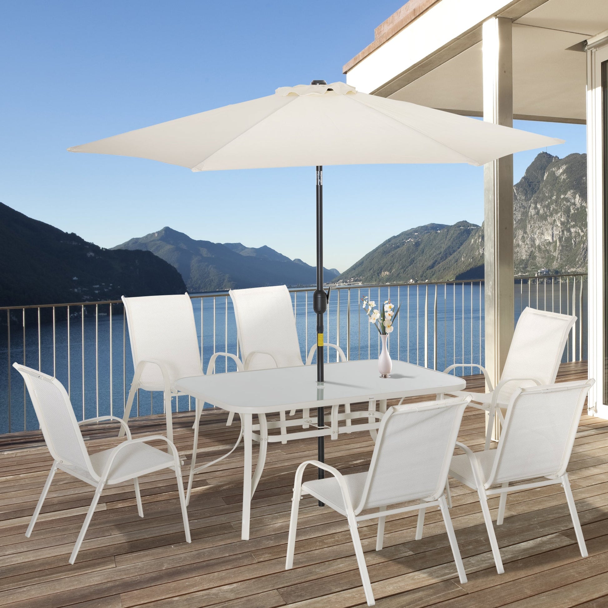 8 Pieces Patio Dining Set with Umbrella, Aluminum Frame Outdoor Patio Furniture Set with 6 Sling Chairs and Glass Top Rectangle Dining Table, Cream White