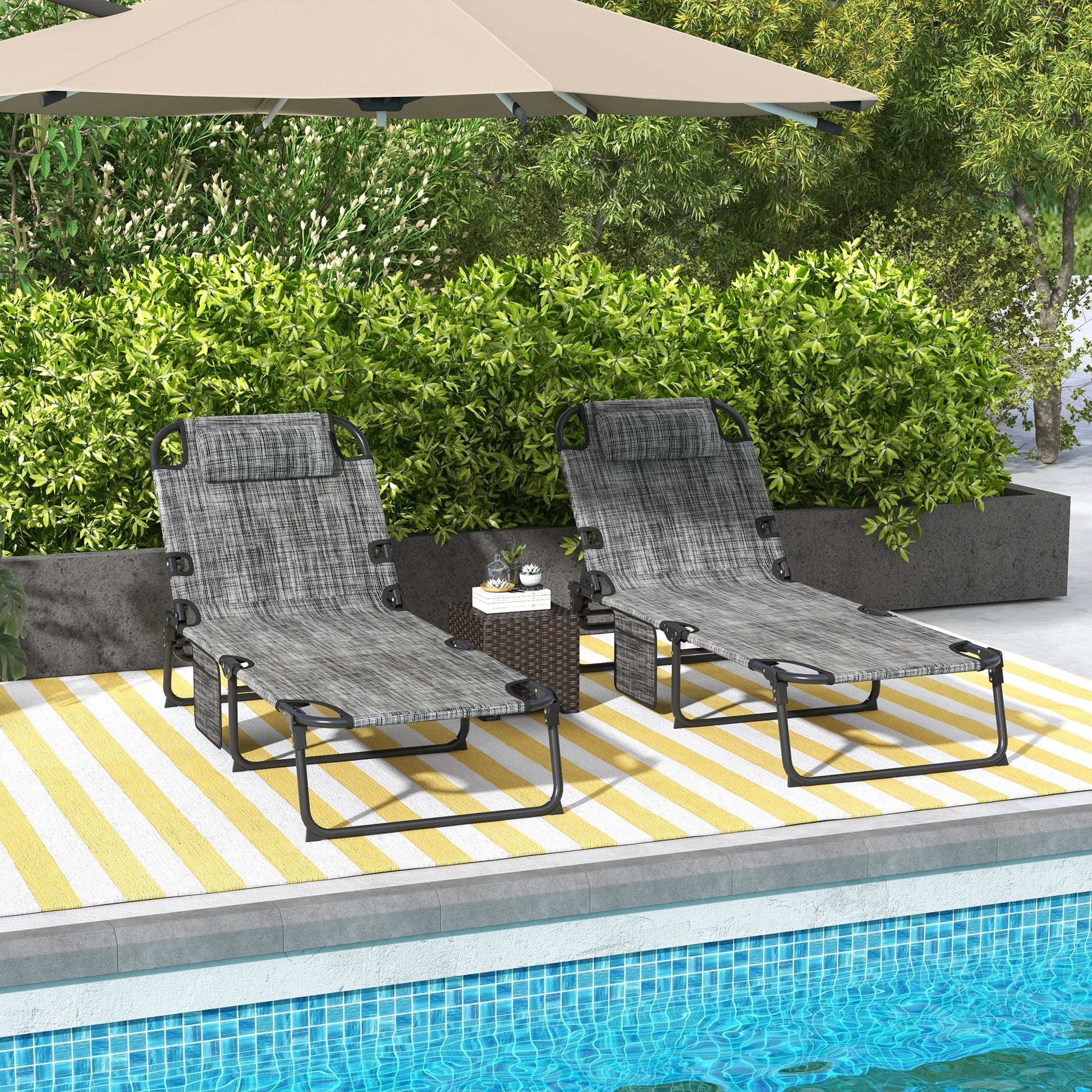 2 Pieces Folding Lounge Chairs with 4-level Reclining Back, Outdoor Tanning Chair with Cushion, Sun Lounger with Breathable Mesh Fabric, Side Pocket, Headrest, Grey