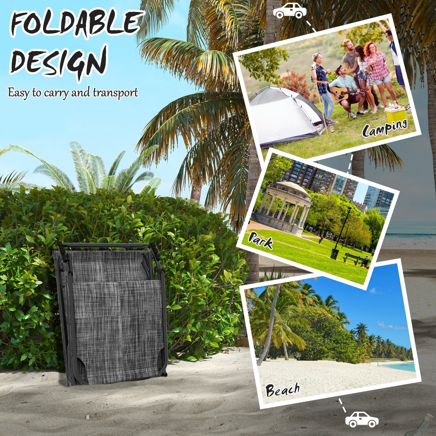 2 Pieces Folding Lounge Chairs with 4-level Reclining Back, Outdoor Tanning Chair with Cushion, Sun Lounger with Breathable Mesh Fabric, Side Pocket, Headrest, Grey