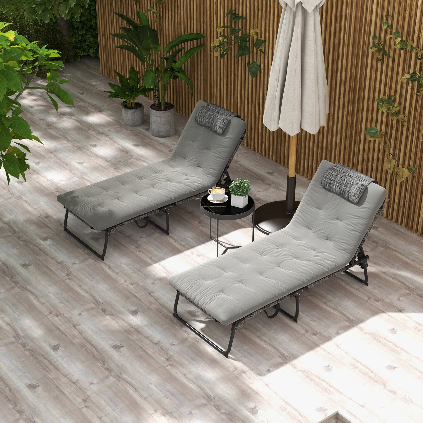 2 Pieces Folding Lounge Chairs with 4-level Reclining Back, Outdoor Tanning Chair with Cushion, Sun Lounger with Breathable Mesh Fabric, Side Pocket, Headrest, Grey