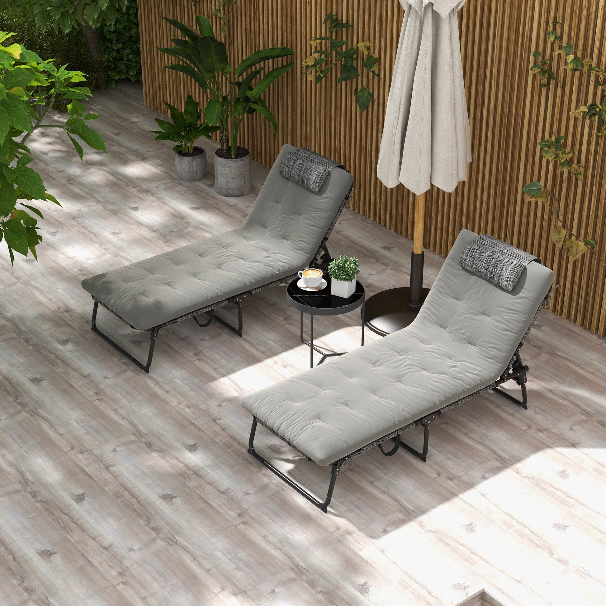 2 Pieces Folding Lounge Chairs with 4-level Reclining Back, Outdoor Tanning Chair with Cushion, Sun Lounger with Breathable Mesh Fabric, Side Pocket, Headrest, Grey