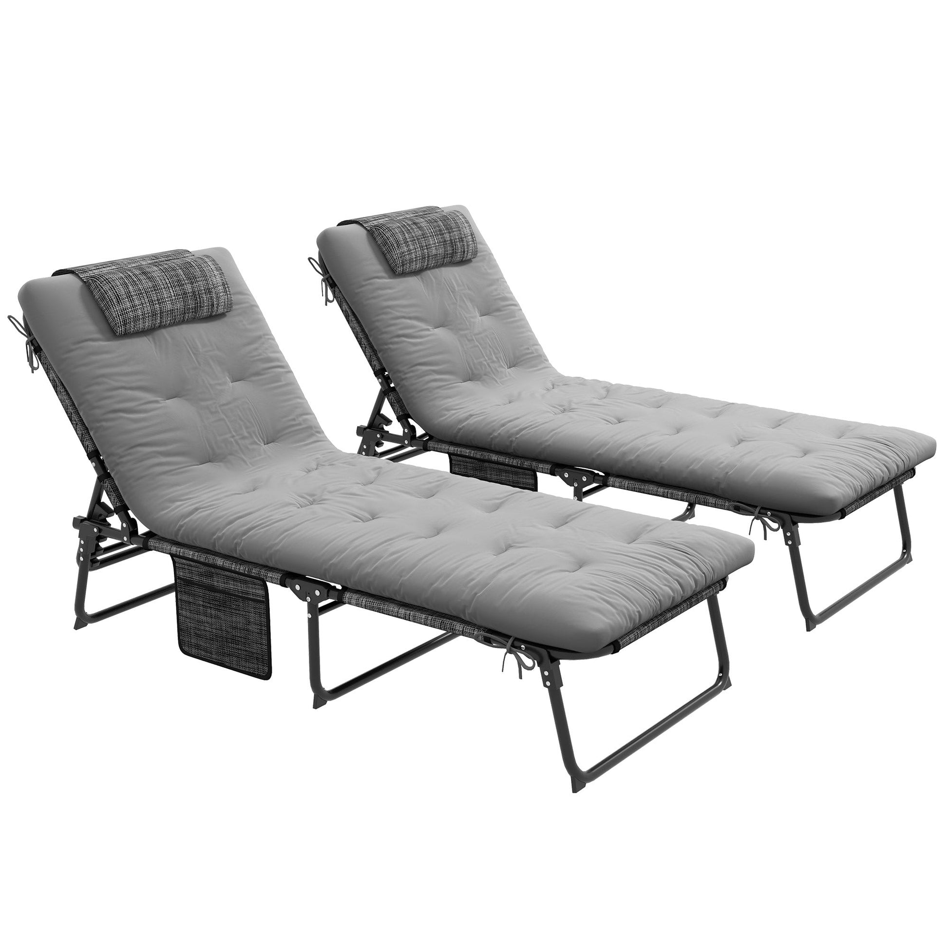 2 Pieces Folding Lounge Chairs with 4-level Reclining Back, Outdoor Tanning Chair with Cushion, Sun Lounger with Breathable Mesh Fabric, Side Pocket, Headrest, Grey
