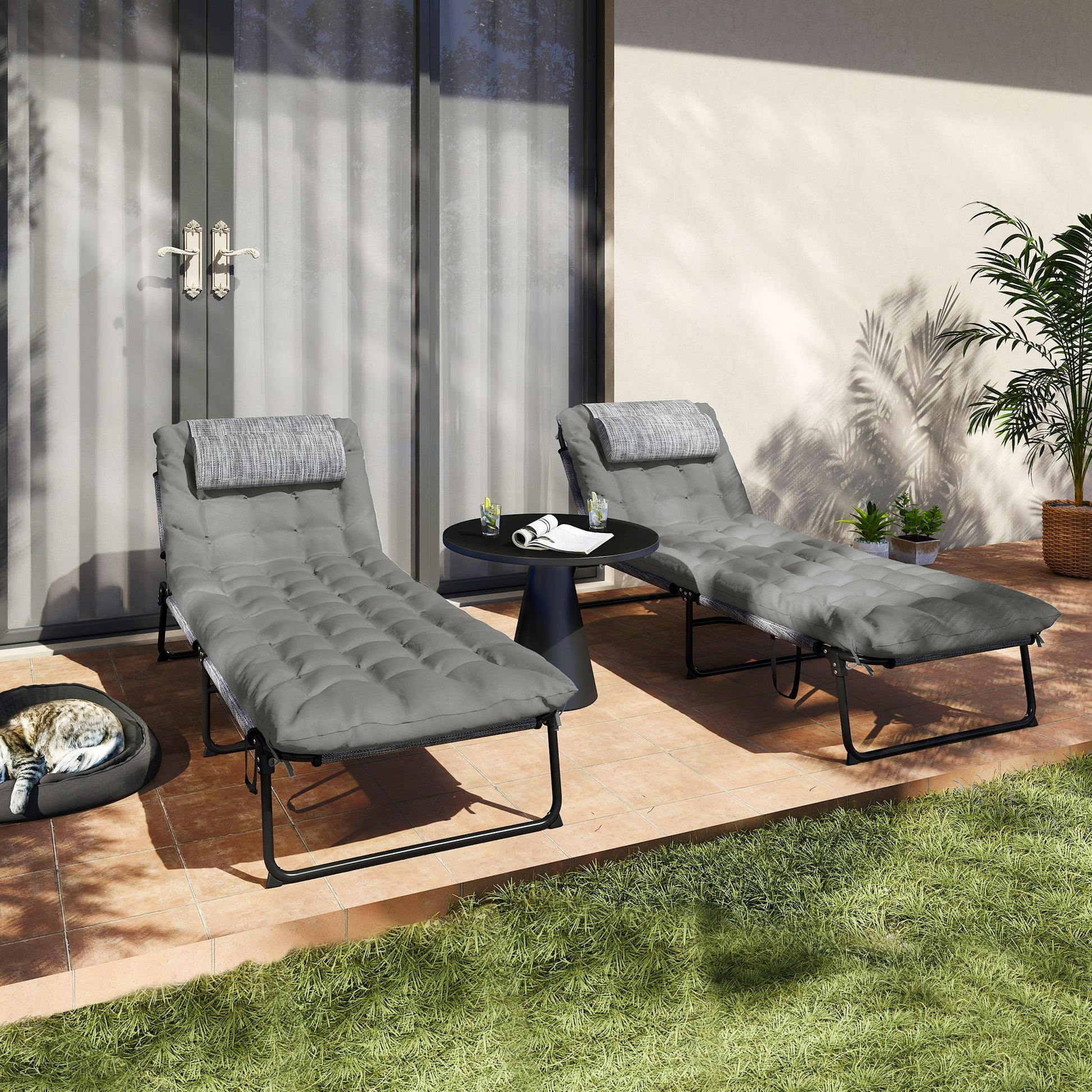 2 Pieces Folding Lounge Chairs with 4-level Reclining Back, Outdoor Tanning Chair with Cushion, Sun Lounger with Breathable Mesh Fabric, Side Pocket, Headrest, Grey