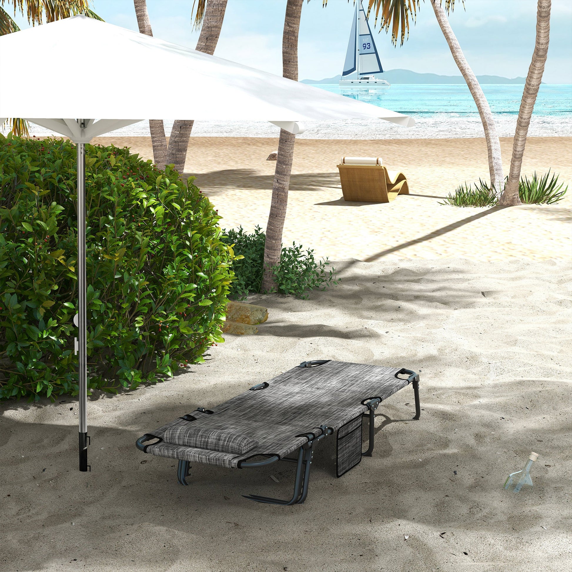 2 Pieces Folding Lounge Chairs with 4-level Reclining Back, Outdoor Tanning Chair with Cushion, Sun Lounger with Breathable Mesh Fabric, Side Pocket, Headrest, Grey