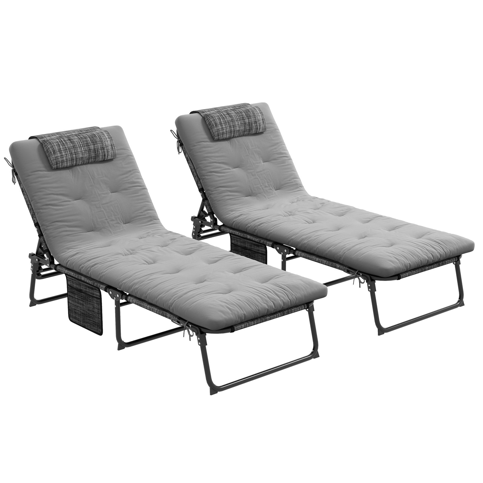 2 Pieces Folding Lounge Chairs with 4-level Reclining Back, Outdoor Tanning Chair with Cushion, Sun Lounger with Breathable Mesh Fabric, Side Pocket, Headrest, Grey