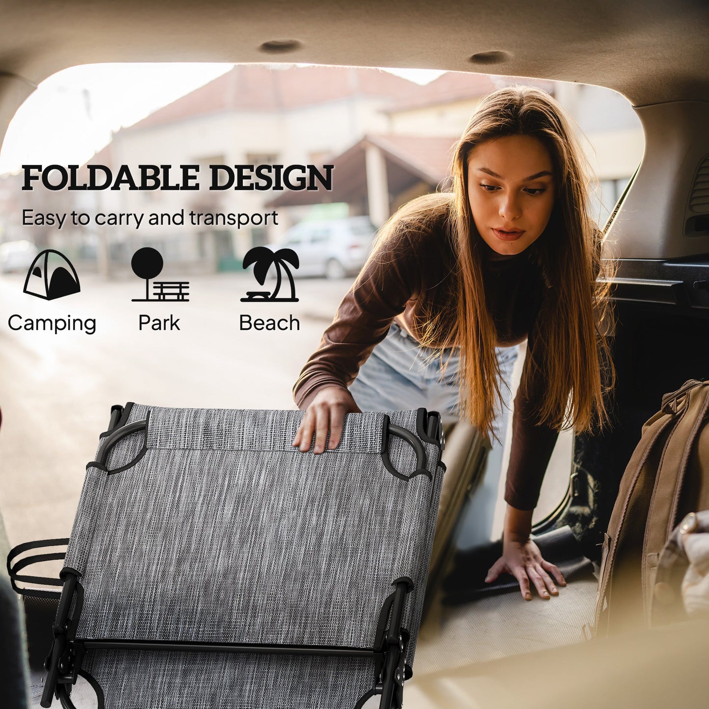 2 Pieces Folding Lounge Chairs with 4-level Reclining Back, Outdoor Tanning Chair with Cushion, Sun Lounger with Breathable Mesh Fabric, Side Pocket, Headrest, Grey
