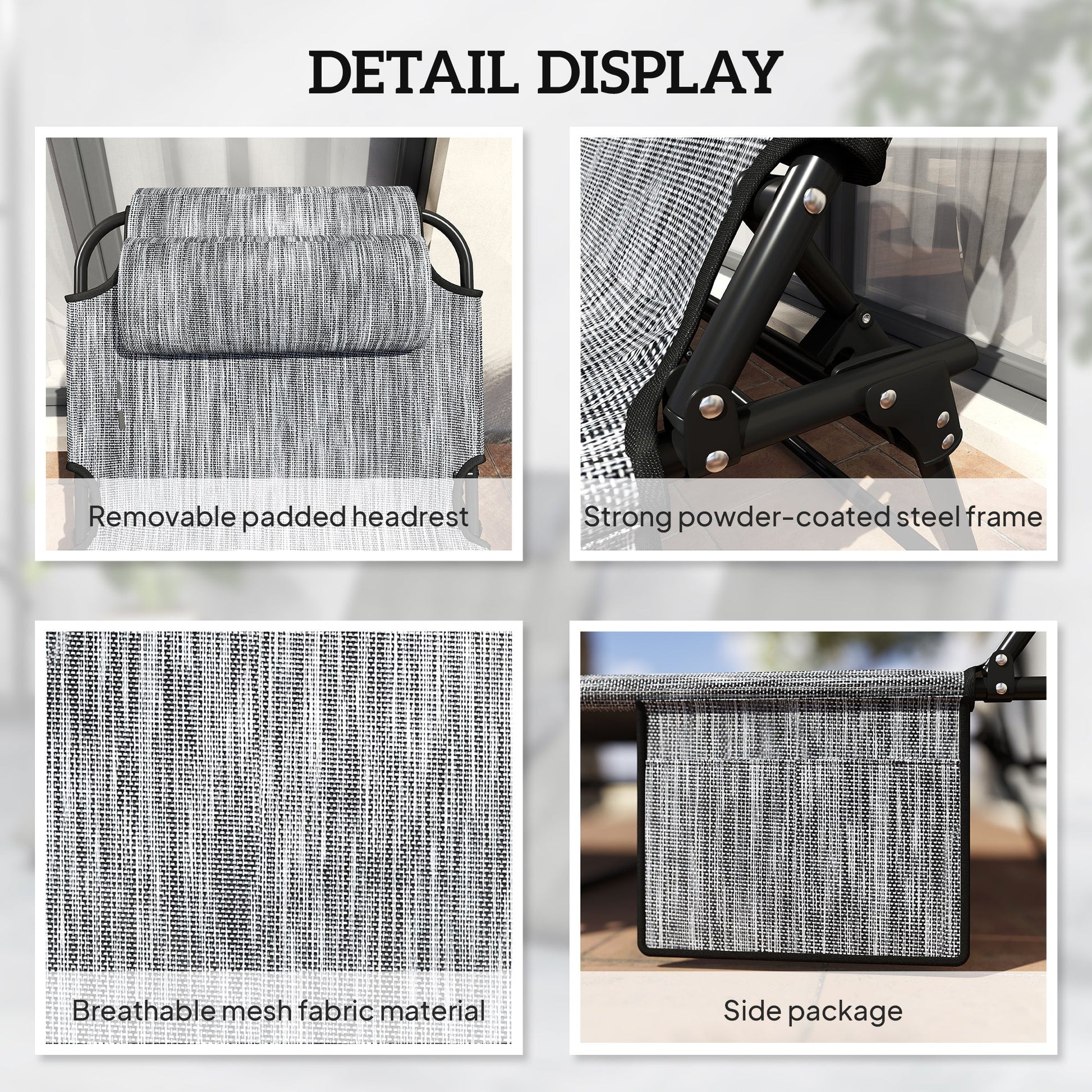 2 Pieces Folding Lounge Chairs with 4-level Reclining Back, Outdoor Tanning Chair with Cushion, Sun Lounger with Breathable Mesh Fabric, Side Pocket, Headrest, Grey