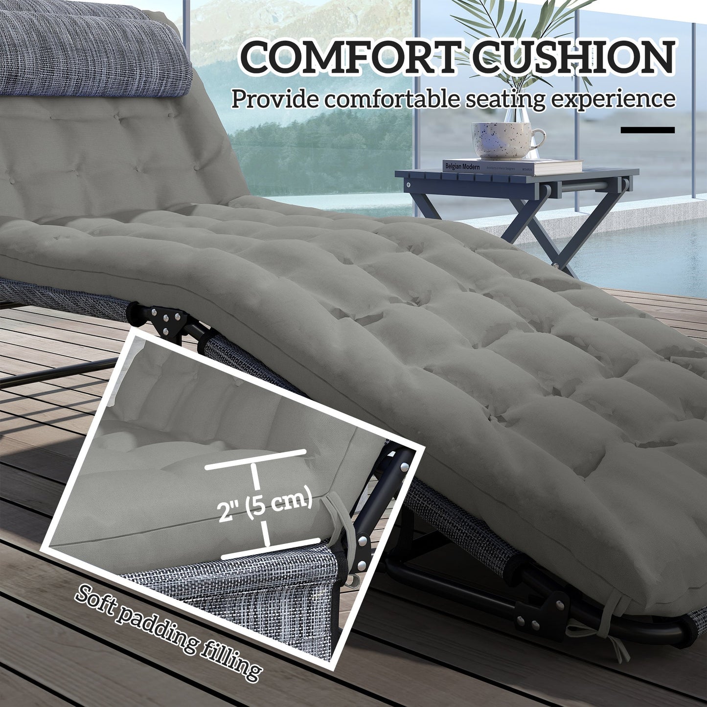 2 Pieces Folding Lounge Chairs with 4-level Reclining Back, Outdoor Tanning Chair with Cushion, Sun Lounger with Breathable Mesh Fabric, Side Pocket, Headrest, Grey