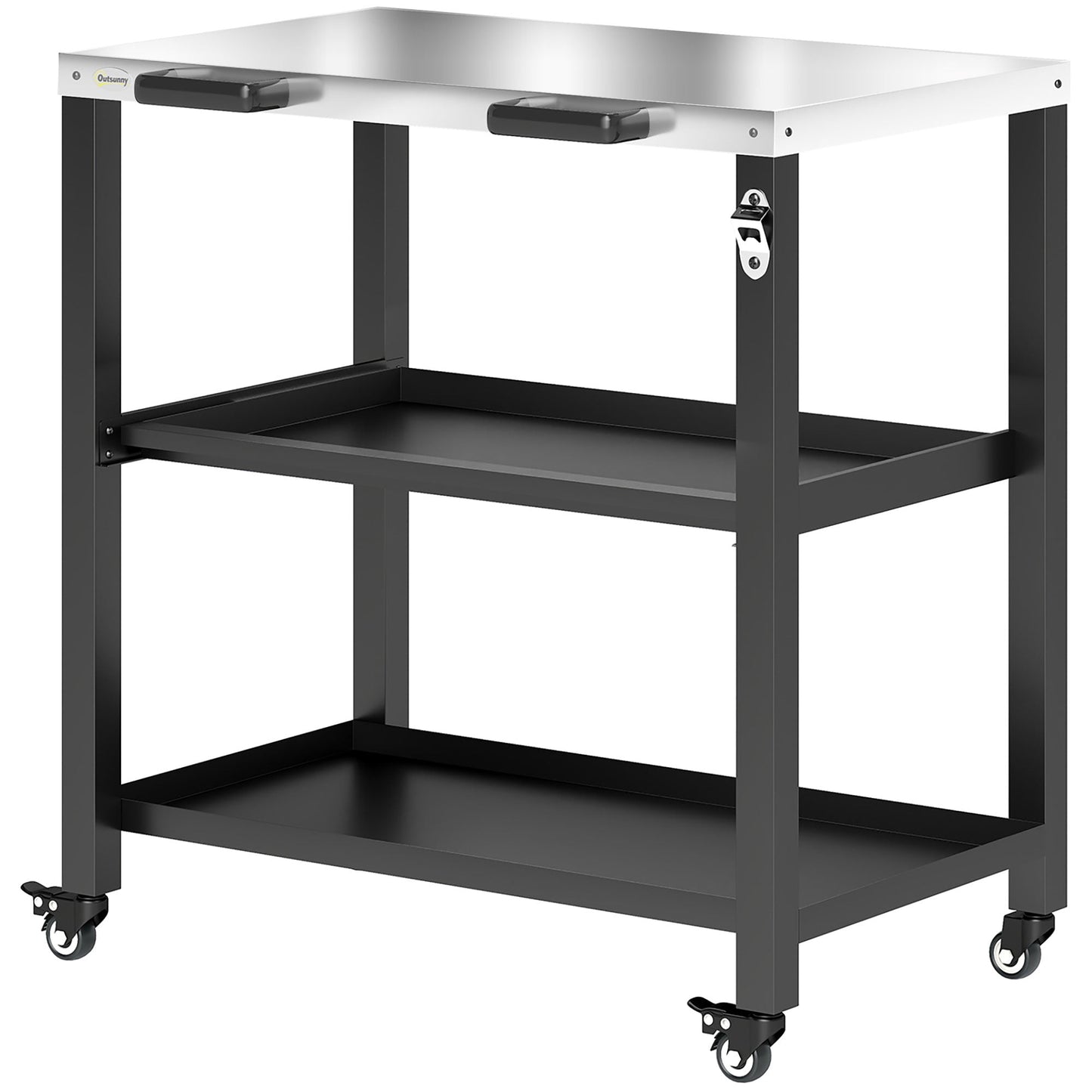 Outdoor Grill Cart with Stainless Steel Tabletop, 2 Shelves, Rolling Prep Dining Cart with Lockable Wheels, Bottle Opener, Pizza Oven Stand Table for Kitchen Prep, Black