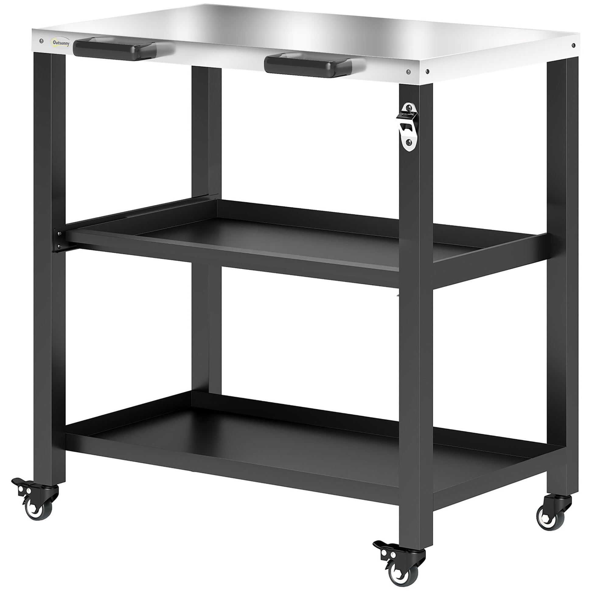 Outdoor Grill Cart with Stainless Steel Tabletop, 2 Shelves, Rolling Prep Dining Cart with Lockable Wheels, Bottle Opener, Pizza Oven Stand Table for Kitchen Prep, Black