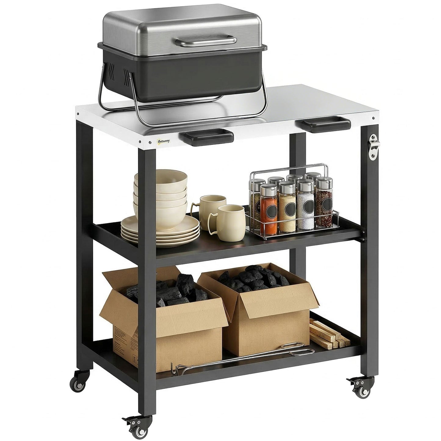 Outdoor Grill Cart with Stainless Steel Tabletop, 2 Shelves, Rolling Prep Dining Cart with Lockable Wheels, Bottle Opener, Pizza Oven Stand Table for Kitchen Prep, Black