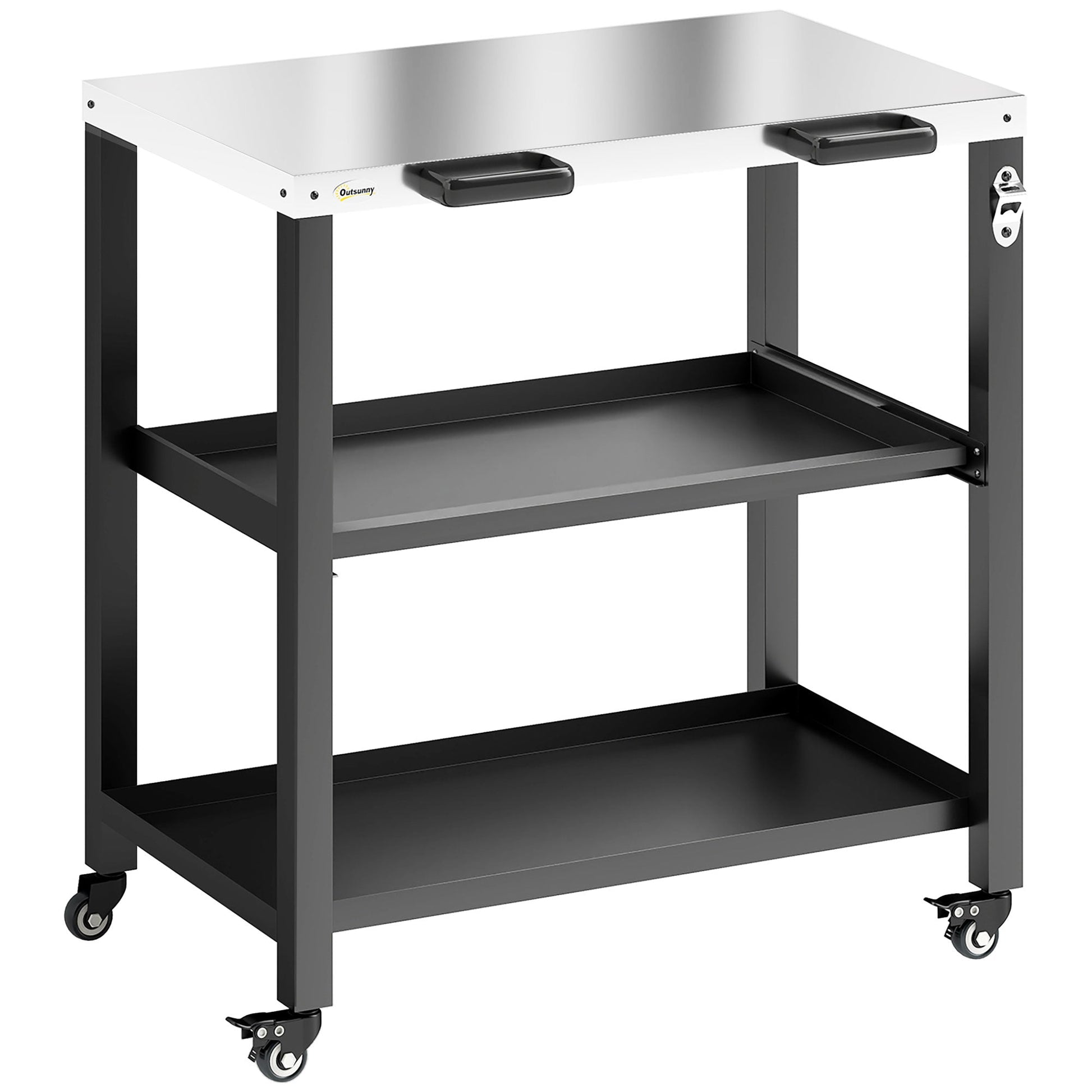 Outdoor Grill Cart with Stainless Steel Tabletop, 2 Shelves, Rolling Prep Dining Cart with Lockable Wheels, Bottle Opener, Pizza Oven Stand Table for Kitchen Prep, Black