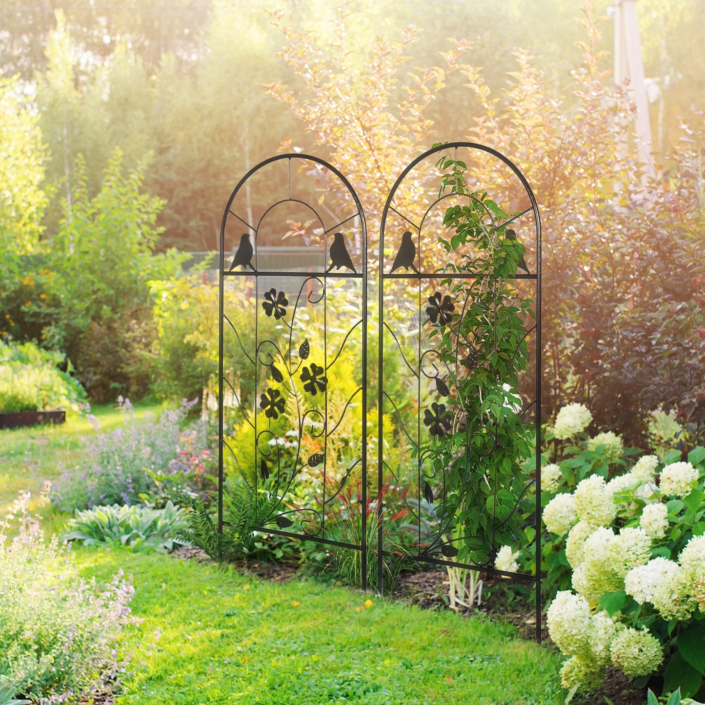 2 Pack Garden Trellis for Climbing Plants, Outdoor Metal Grid Panels with Birds and Leaves, for Roses, Vine Flower, Cucumber, Clematis, 39" Tall