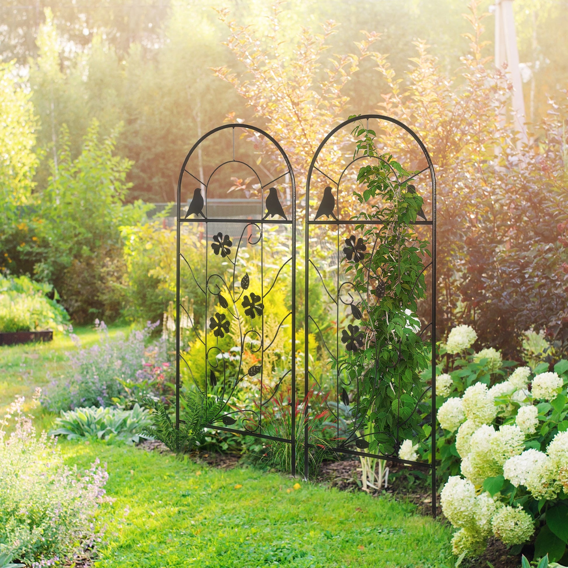 2 Pack Garden Trellis for Climbing Plants, Outdoor Metal Grid Panels with Birds and Leaves, for Roses, Vine Flower, Cucumber, Clematis, 39" Tall