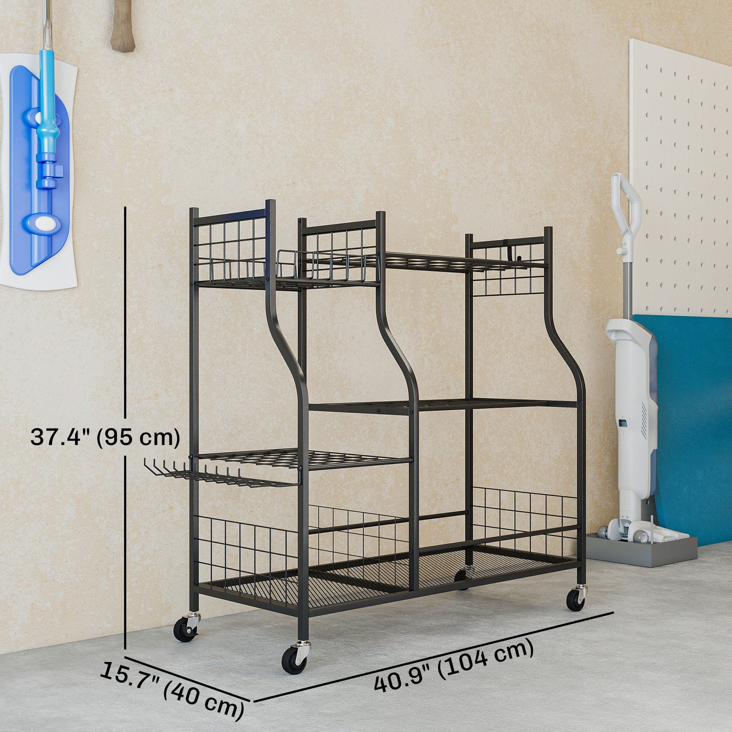 Garden Tool Organizer for Garage, 3-Tier Yard Tool Storage Rack with 74 Slots, 4 Wheels and 11 Hooks for Long-Handled Shovels and Rakes for Shed, Yard, Patio, Black