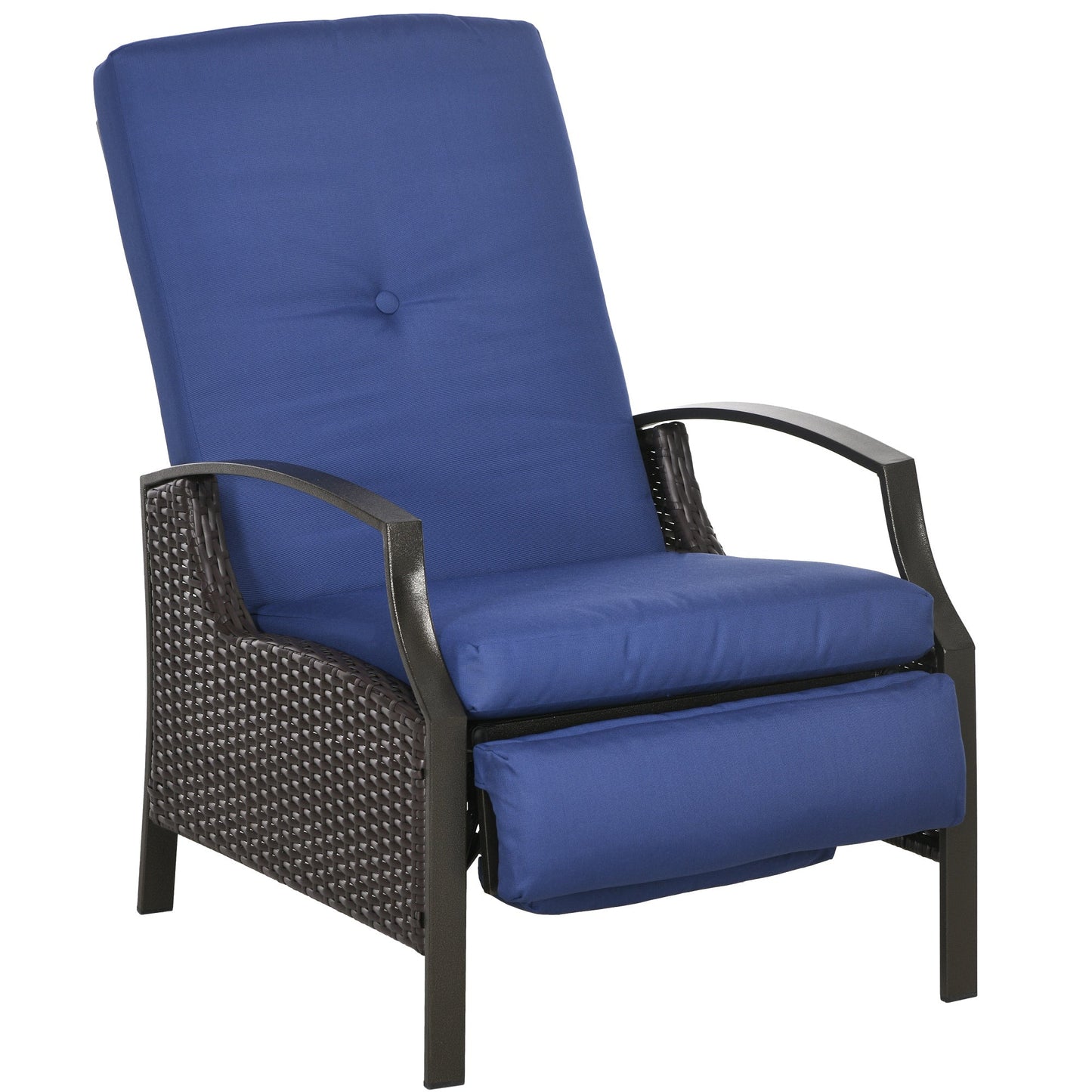 PE Rattan Outdoor Recliner Chair, Wicker Patio Lounge Chair with Adjustable Backrest, Retractable Footrest and Cushion, Dark Blue