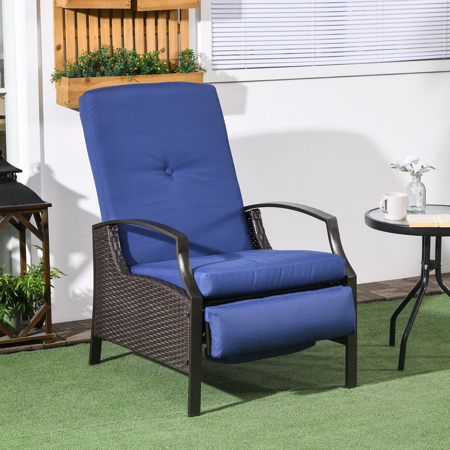 PE Rattan Outdoor Recliner Chair, Wicker Patio Lounge Chair with Adjustable Backrest, Retractable Footrest and Cushion, Dark Blue