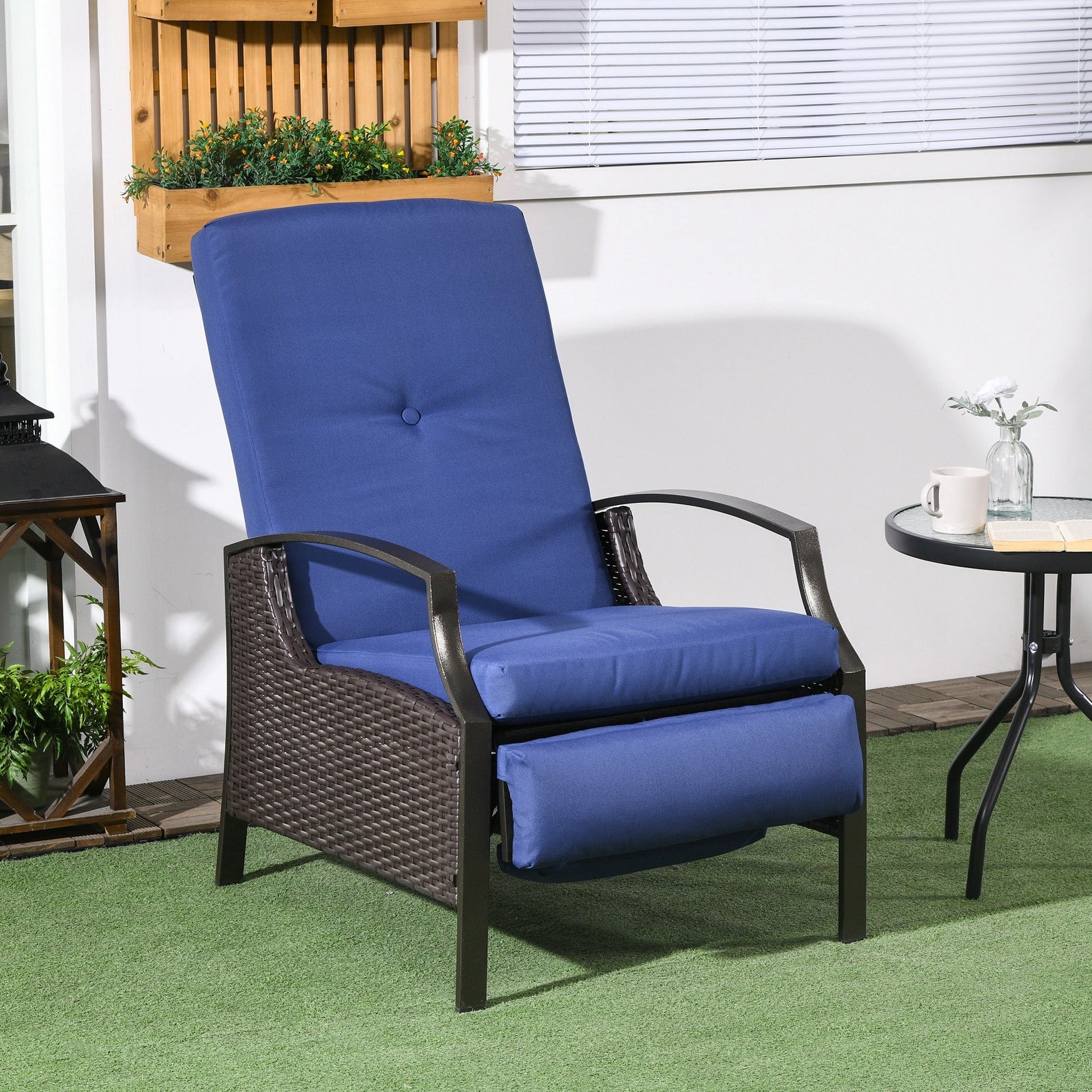 PE Rattan Outdoor Recliner Chair, Wicker Patio Lounge Chair with Adjustable Backrest, Retractable Footrest and Cushion, Dark Blue