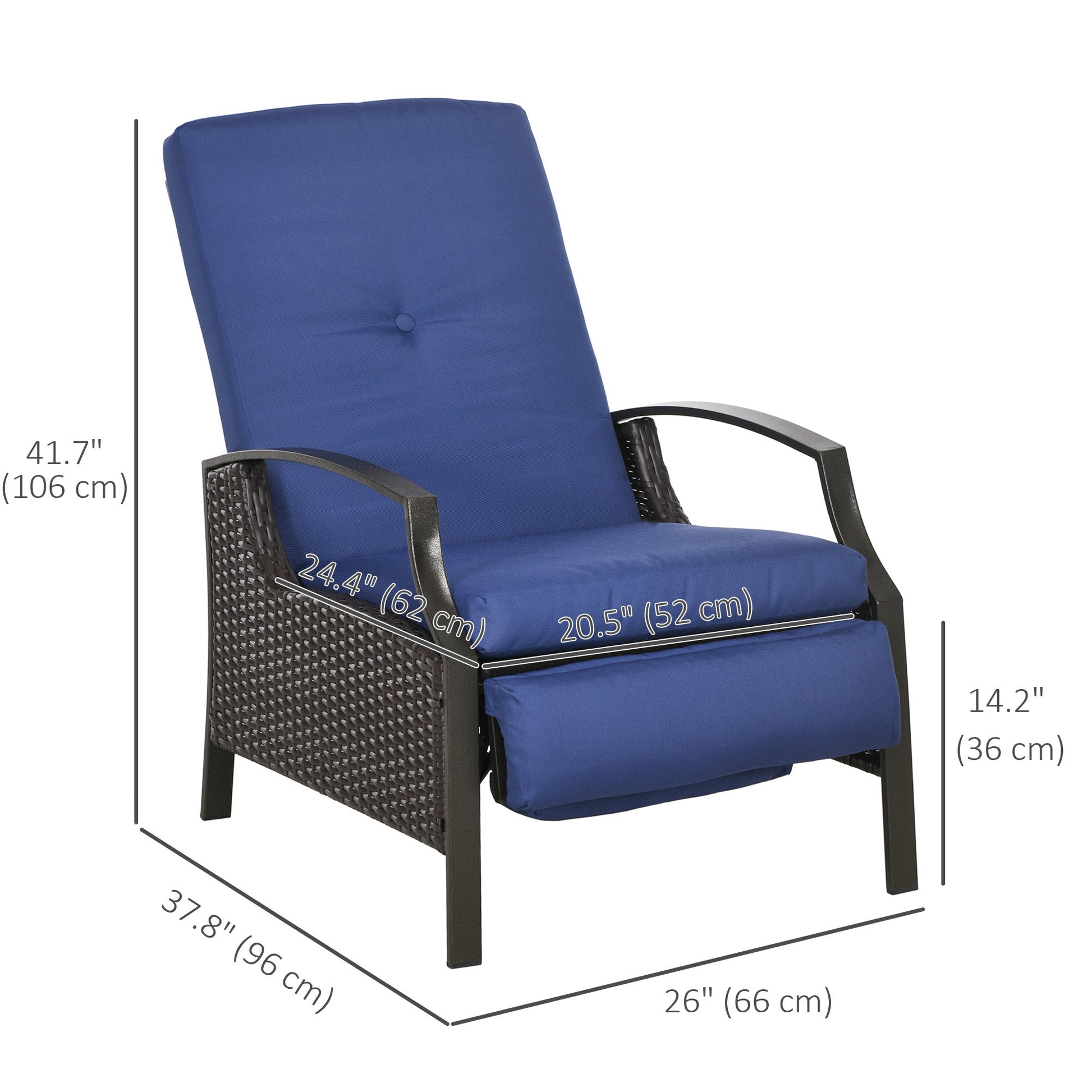 PE Rattan Outdoor Recliner Chair, Wicker Patio Lounge Chair with Adjustable Backrest, Retractable Footrest and Cushion, Dark Blue