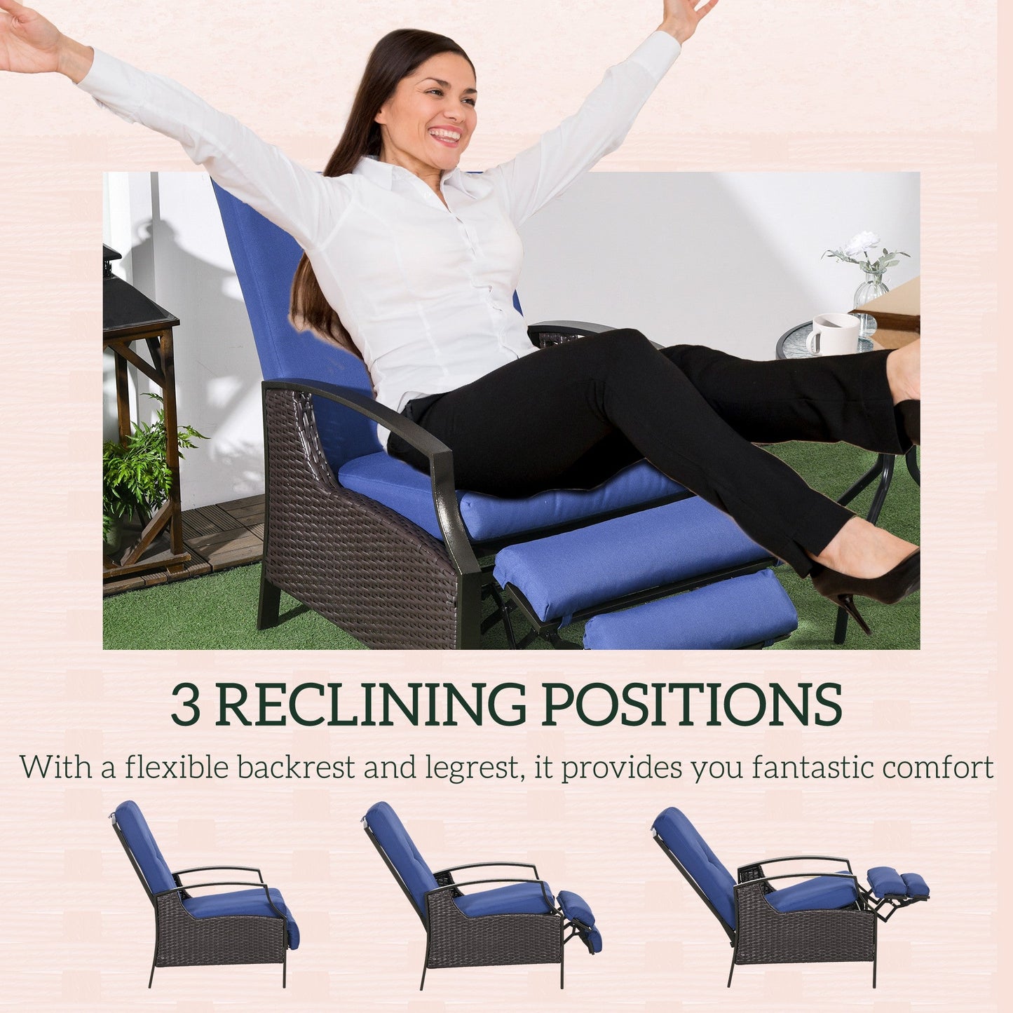 PE Rattan Outdoor Recliner Chair, Wicker Patio Lounge Chair with Adjustable Backrest, Retractable Footrest and Cushion, Dark Blue
