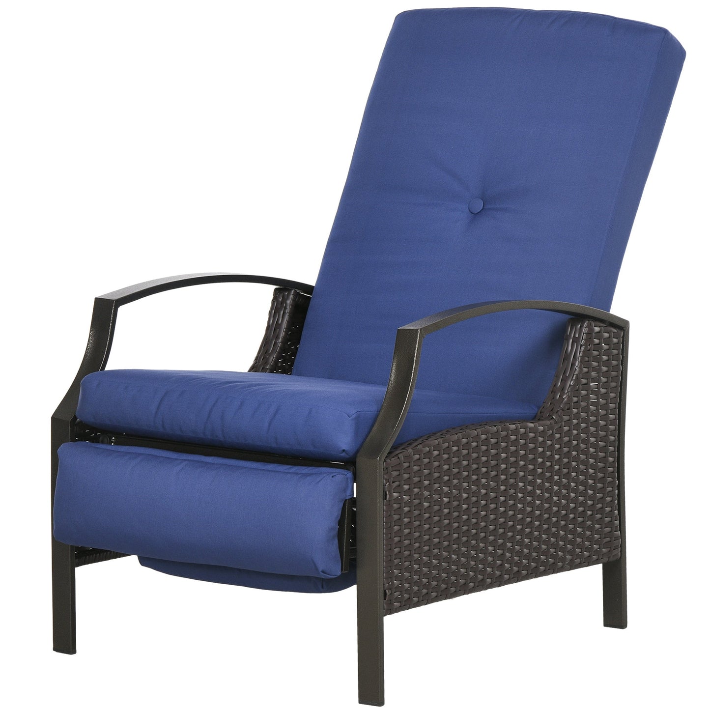 PE Rattan Outdoor Recliner Chair, Wicker Patio Lounge Chair with Adjustable Backrest, Retractable Footrest and Cushion, Dark Blue