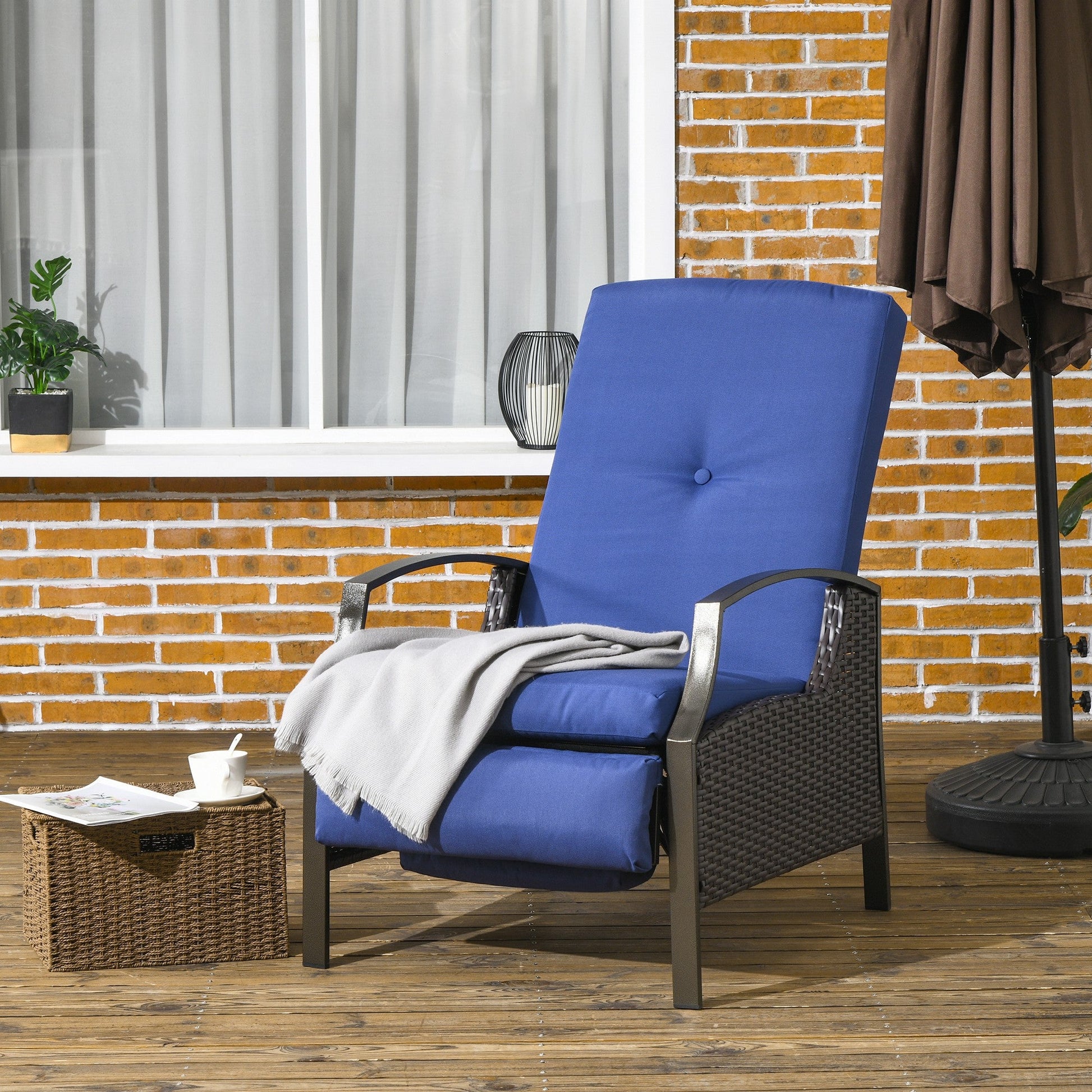 PE Rattan Outdoor Recliner Chair, Wicker Patio Lounge Chair with Adjustable Backrest, Retractable Footrest and Cushion, Dark Blue