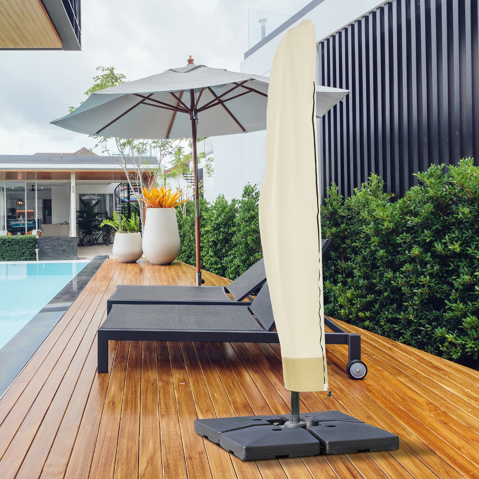 Waterproof Patio Umbrella Cover for 10ft to 13ft Outdoor Offset Umbrella with Zipper, Beige and Coffee