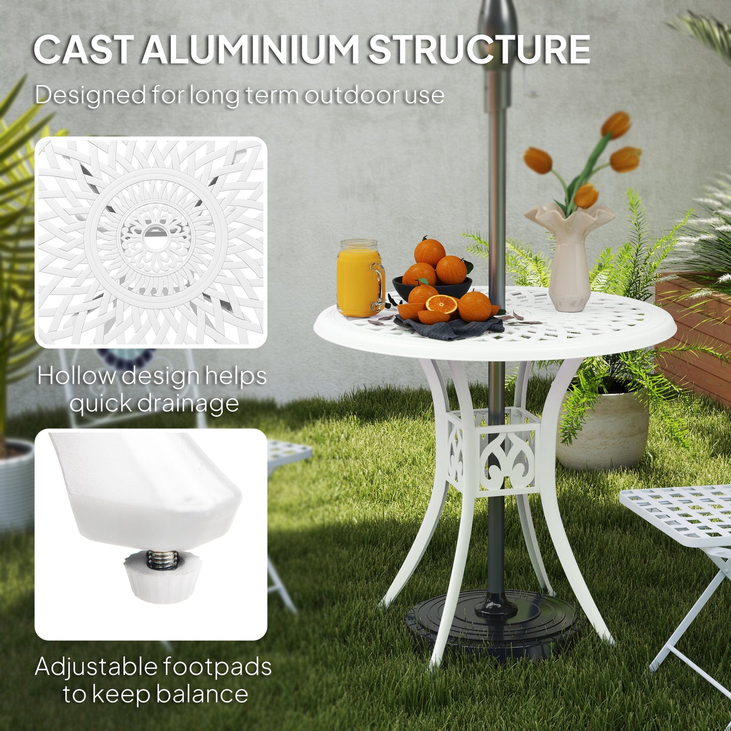 30-inch Round Patio Dining Table with Umbrella Hole Cast Aluminium Outdoor Bistro Table Only, White
