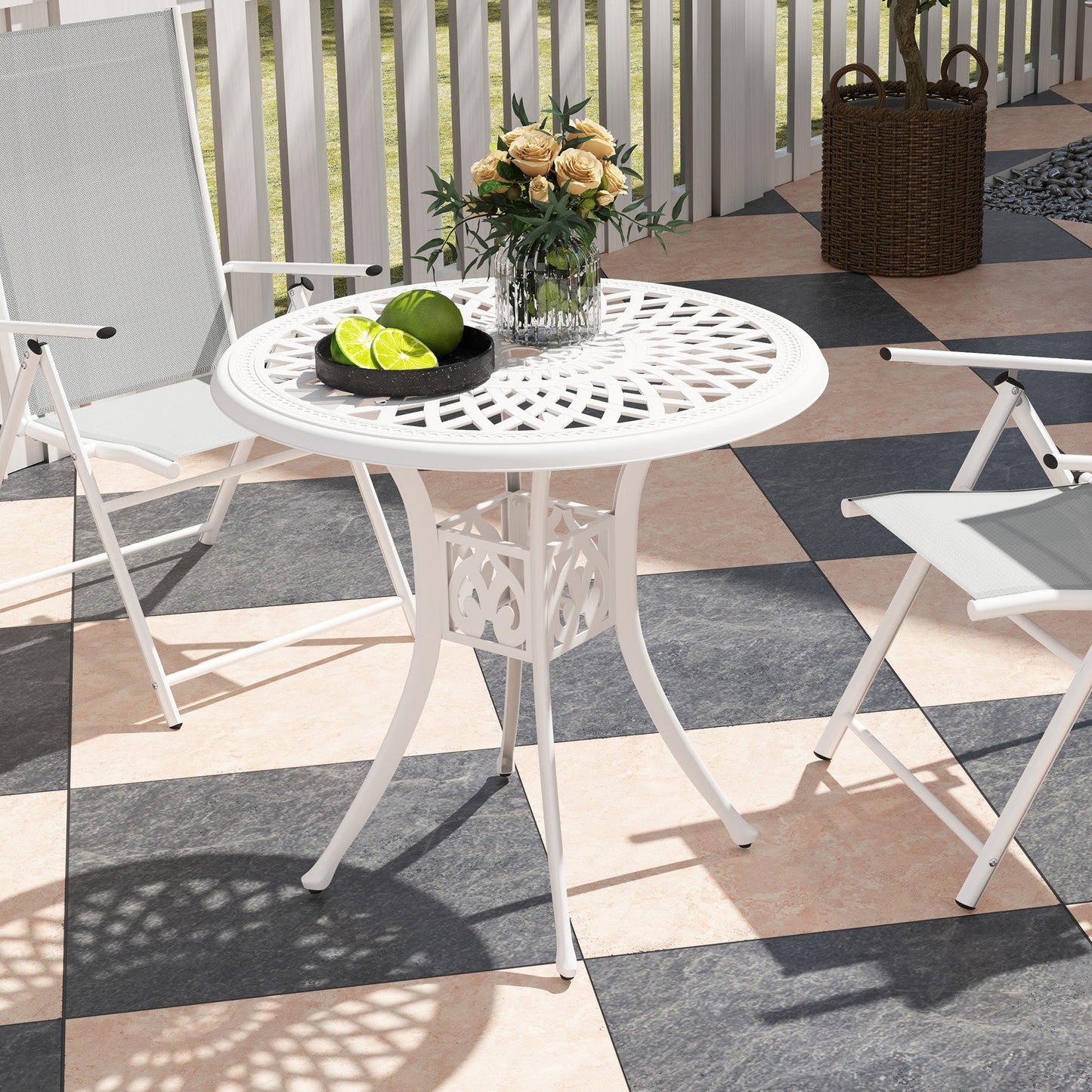 30-inch Round Patio Dining Table with Umbrella Hole Cast Aluminium Outdoor Bistro Table Only, White