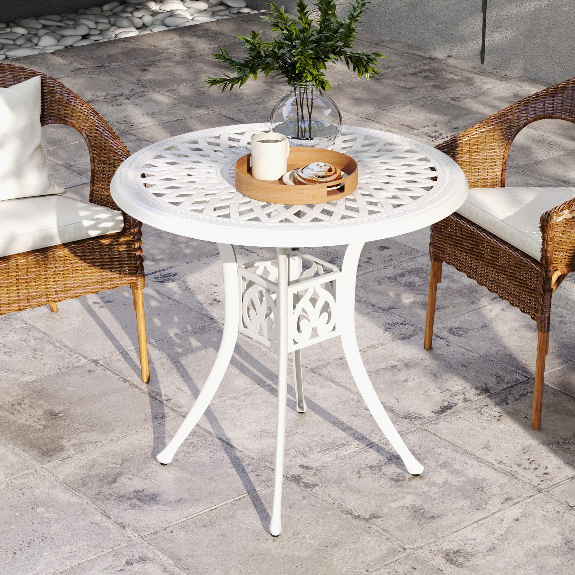 30-inch Round Patio Dining Table with Umbrella Hole Cast Aluminium Outdoor Bistro Table Only, White