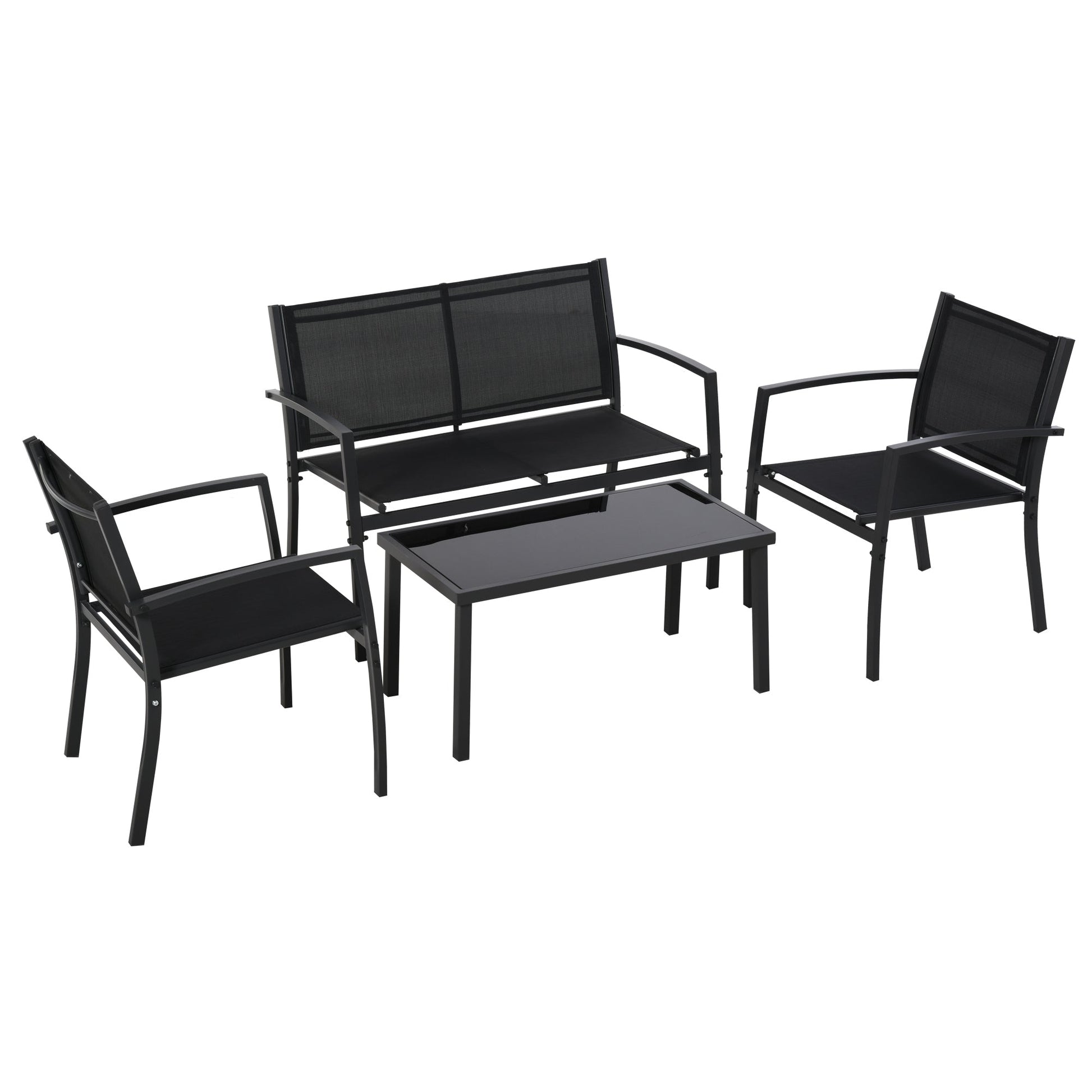 4 Piece Patio Furniture Set with Breathable Mesh Seat, Metal Outdoor Furniture Set with Loveseat, Armchairs and Glass Top Coffee Table for Garden, Balcony, Black