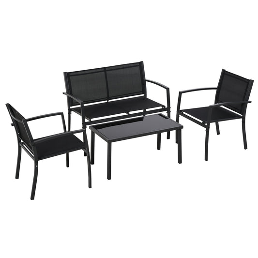 4 Piece Patio Furniture Set with Breathable Mesh Seat, Metal Outdoor Furniture Set with Loveseat, Armchairs and Glass Top Coffee Table for Garden, Balcony, Black