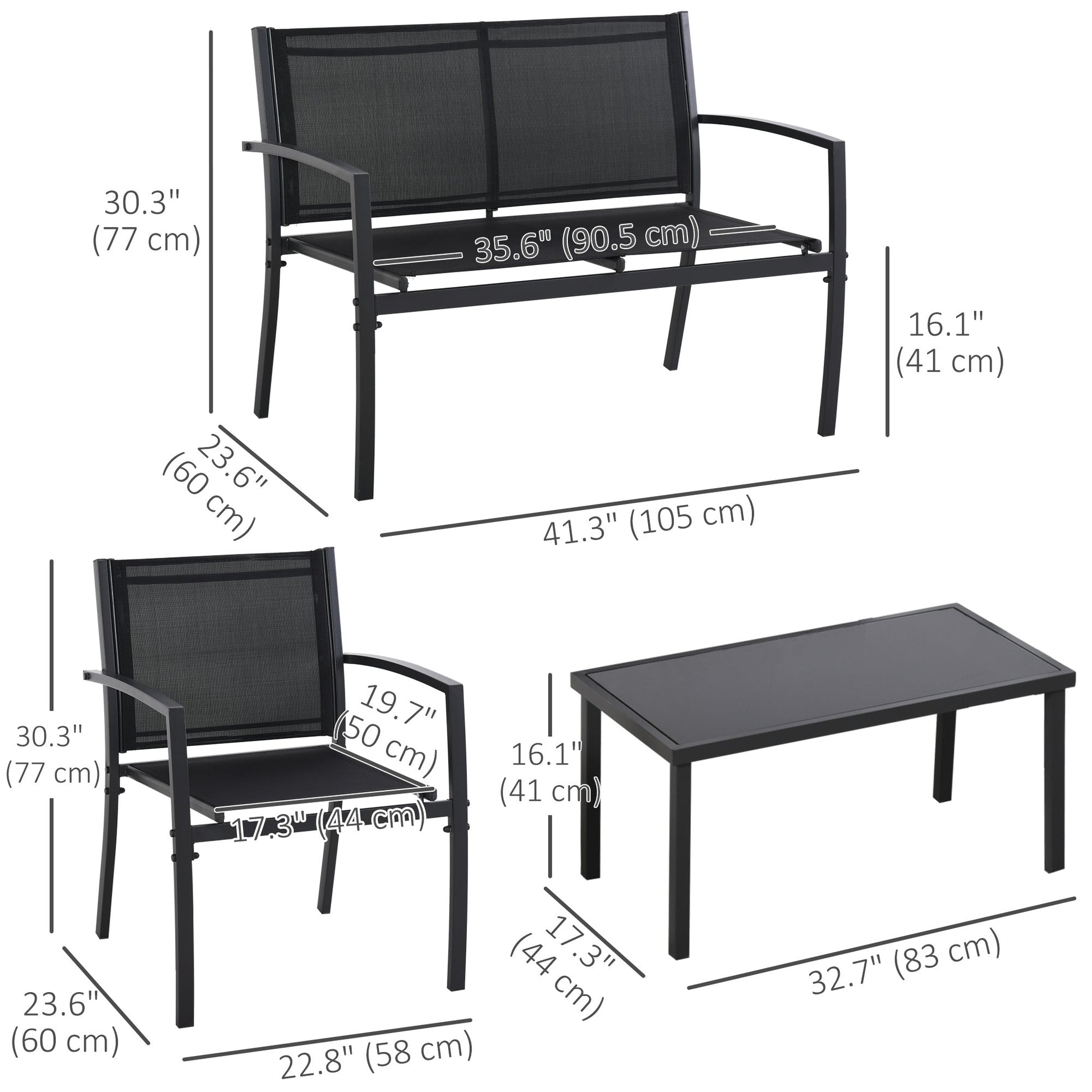4 Piece Patio Furniture Set with Breathable Mesh Seat, Metal Outdoor Furniture Set with Loveseat, Armchairs and Glass Top Coffee Table for Garden, Balcony, Black