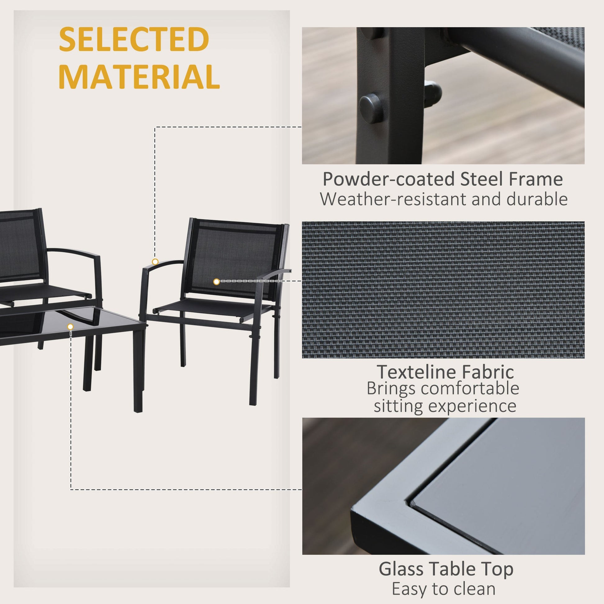 4 Piece Patio Furniture Set with Breathable Mesh Seat, Metal Outdoor Furniture Set with Loveseat, Armchairs and Glass Top Coffee Table for Garden, Balcony, Black