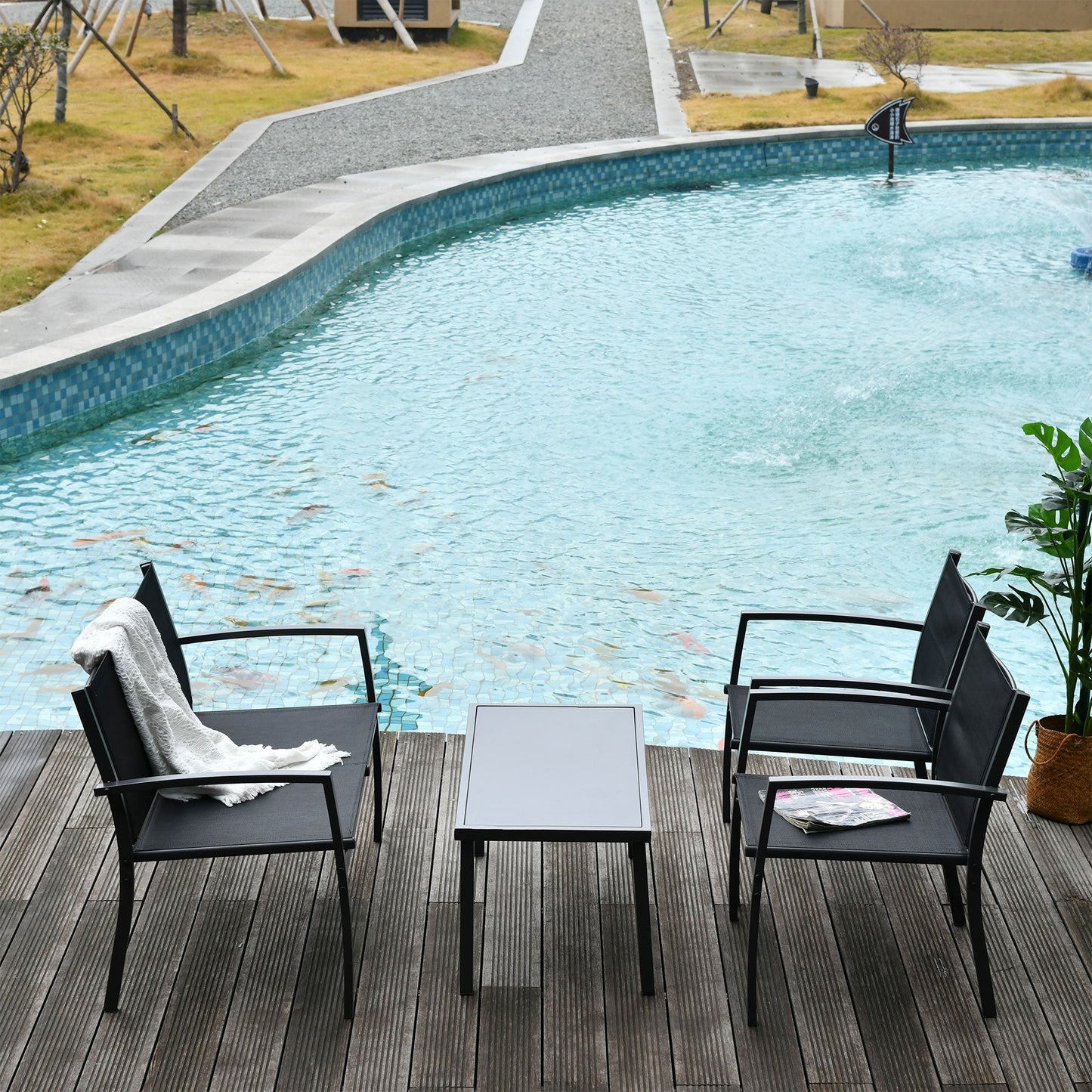 4 Piece Patio Furniture Set with Breathable Mesh Seat, Metal Outdoor Furniture Set with Loveseat, Armchairs and Glass Top Coffee Table for Garden, Balcony, Black