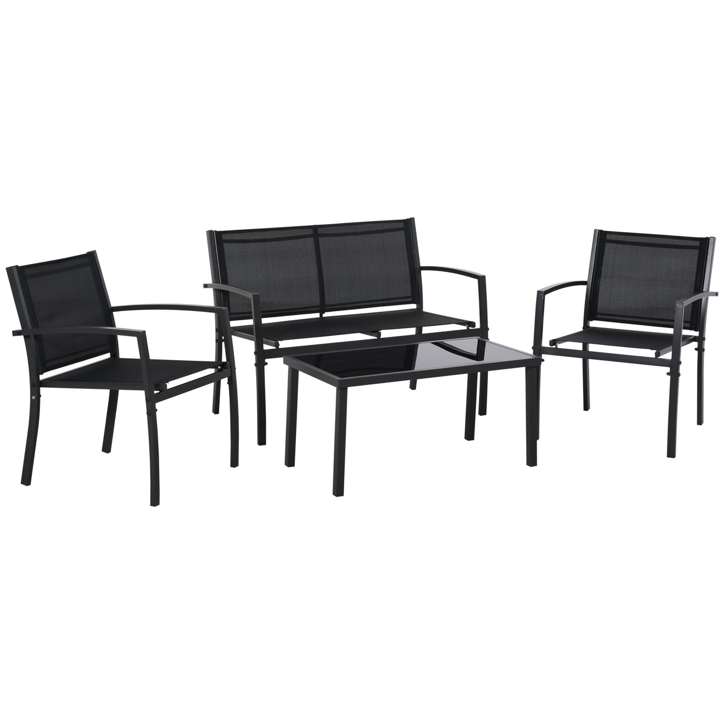 4 Piece Patio Furniture Set with Breathable Mesh Seat, Metal Outdoor Furniture Set with Loveseat, Armchairs and Glass Top Coffee Table for Garden, Balcony, Black