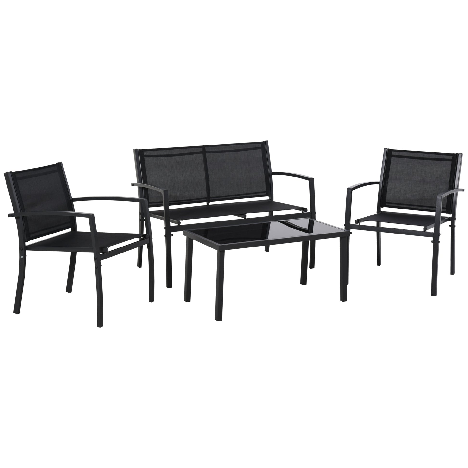 4 Piece Patio Furniture Set with Breathable Mesh Seat, Metal Outdoor Furniture Set with Loveseat, Armchairs and Glass Top Coffee Table for Garden, Balcony, Black